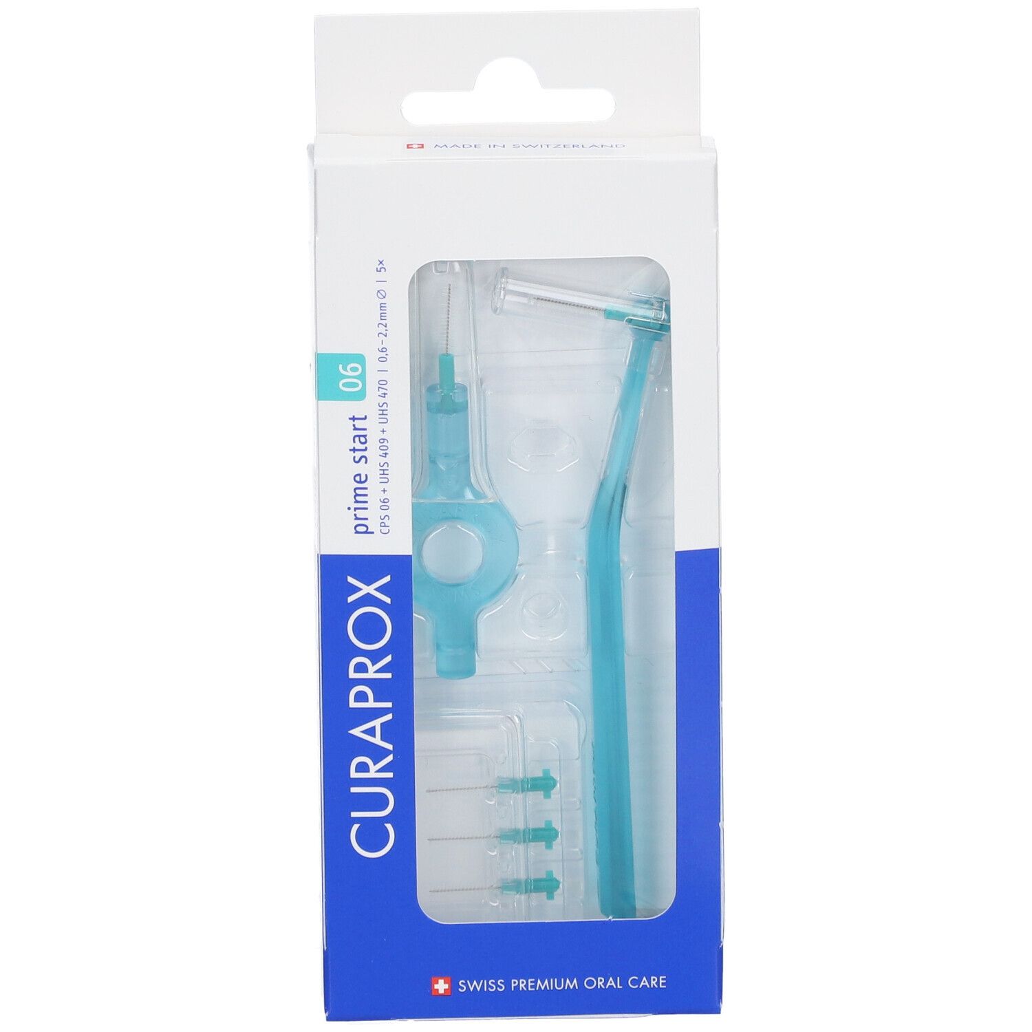 Packung mit blauen Interdentalbürsten und Halter. Größe 06, 1.5mm.