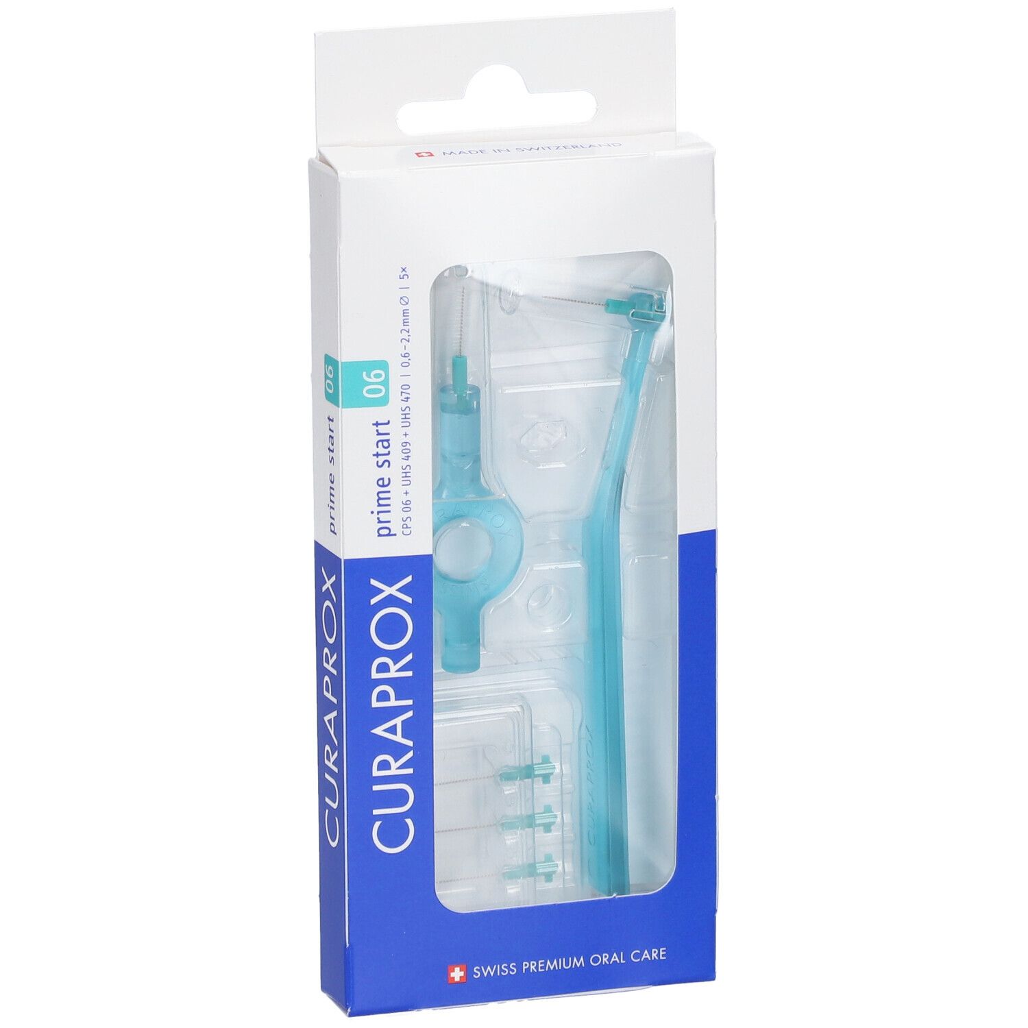 Verpackung mit blauen Interdentalbürsten und Halter. Enthält Bürsten der Größe 06.