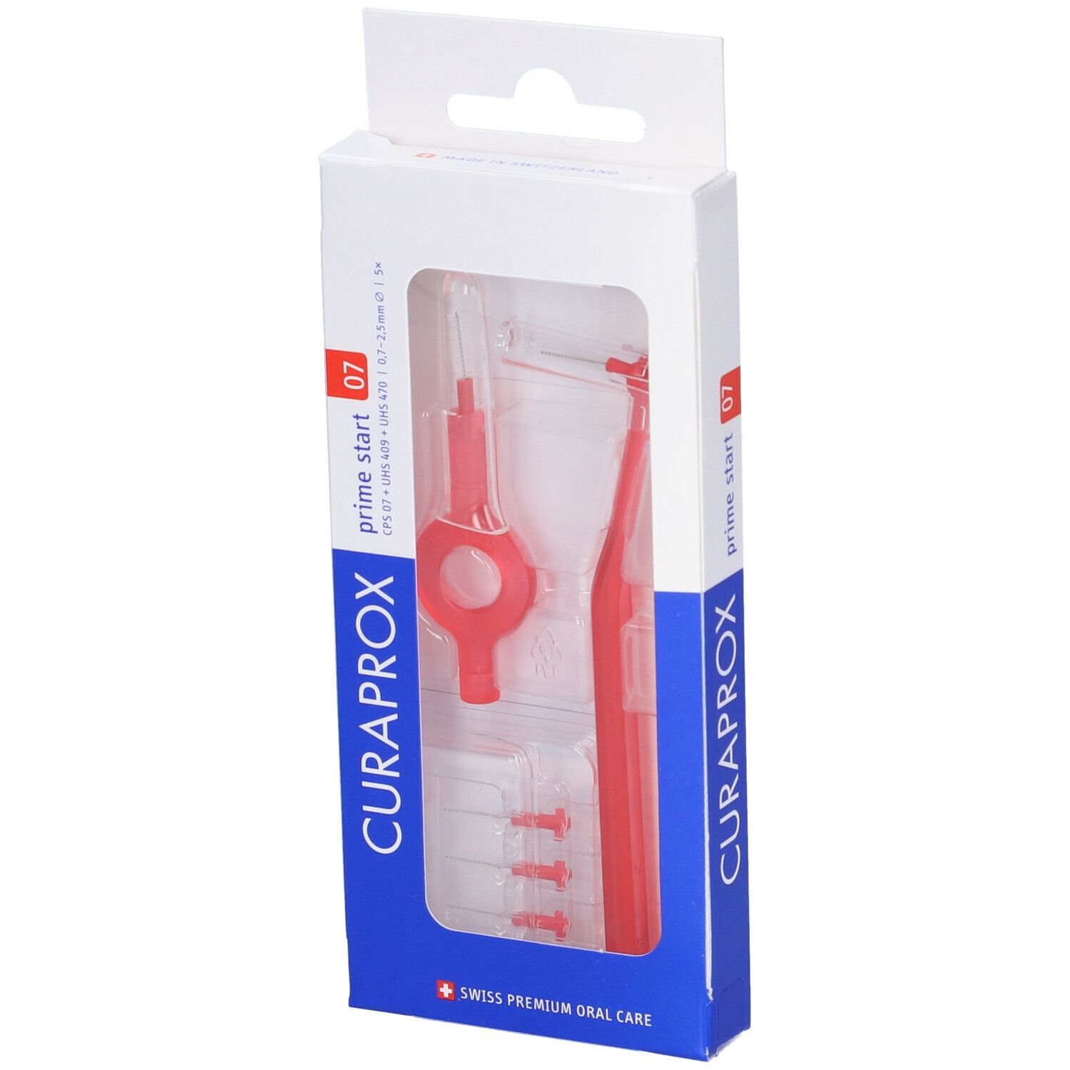 Confezione di prodotto per l'igiene orale rosso. Contiene spazzole e supporto. Marca Curaprox, modello Prime Start 07.