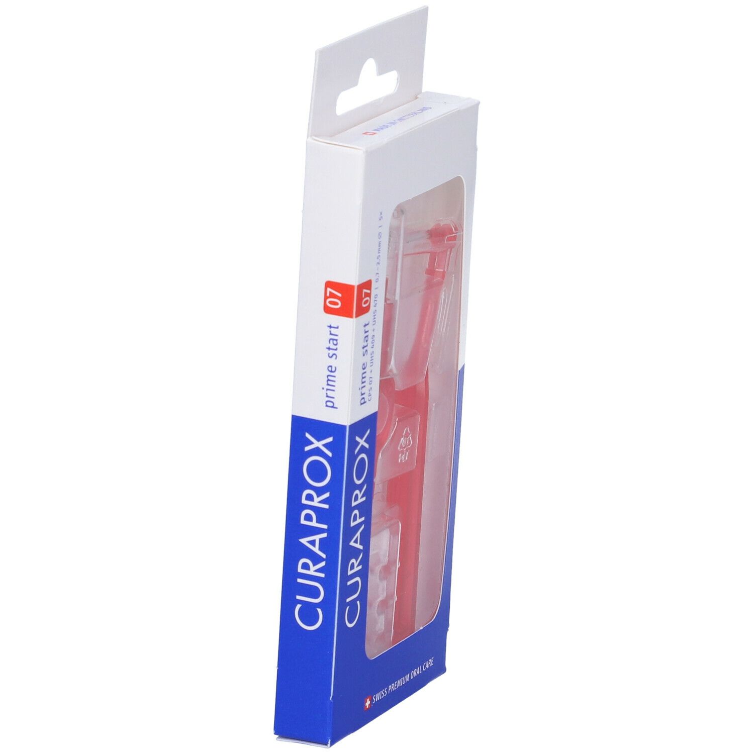 Vista laterale della confezione del prodotto per l'igiene orale rosso. Marca Curaprox, modello Prime Start 07.