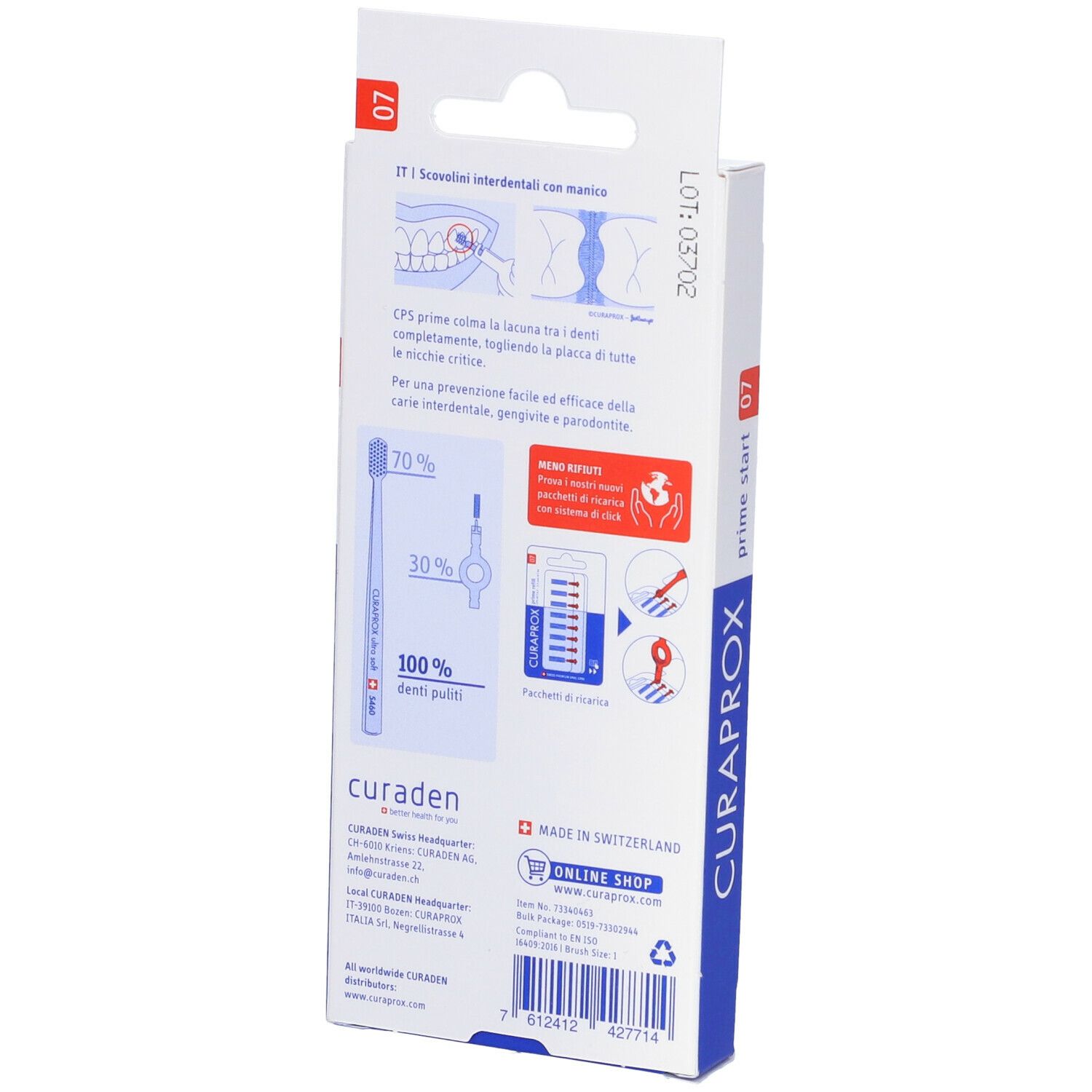 Retro della confezione con informazioni sul prodotto. Marca Curaprox, modello Prime Start 07. Contiene diagrammi.