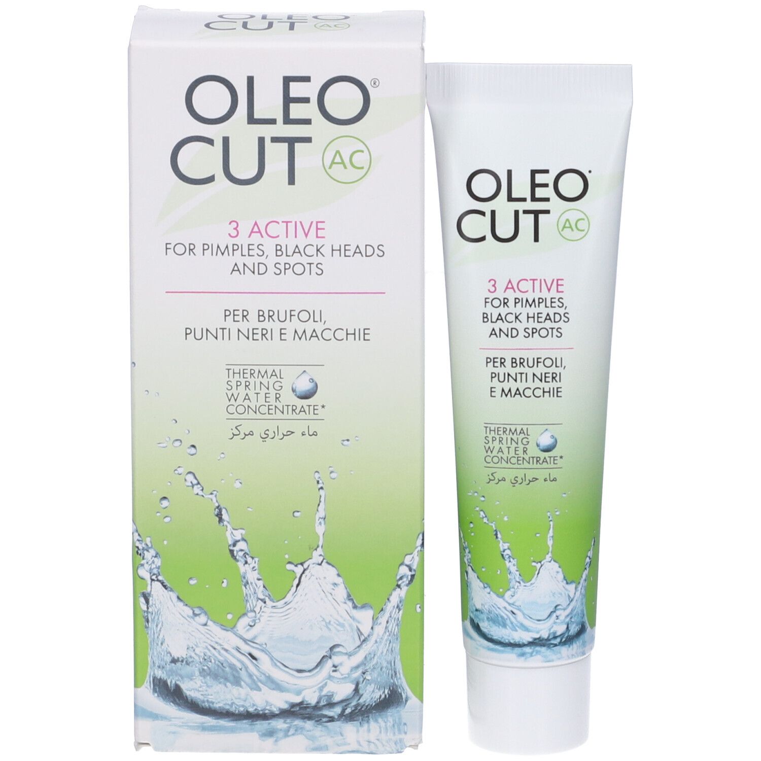 Oleo Cut AC Tube und Kartonverpackung mit Aufschrift '3 Active for Pimples, Black Heads and Spots'.