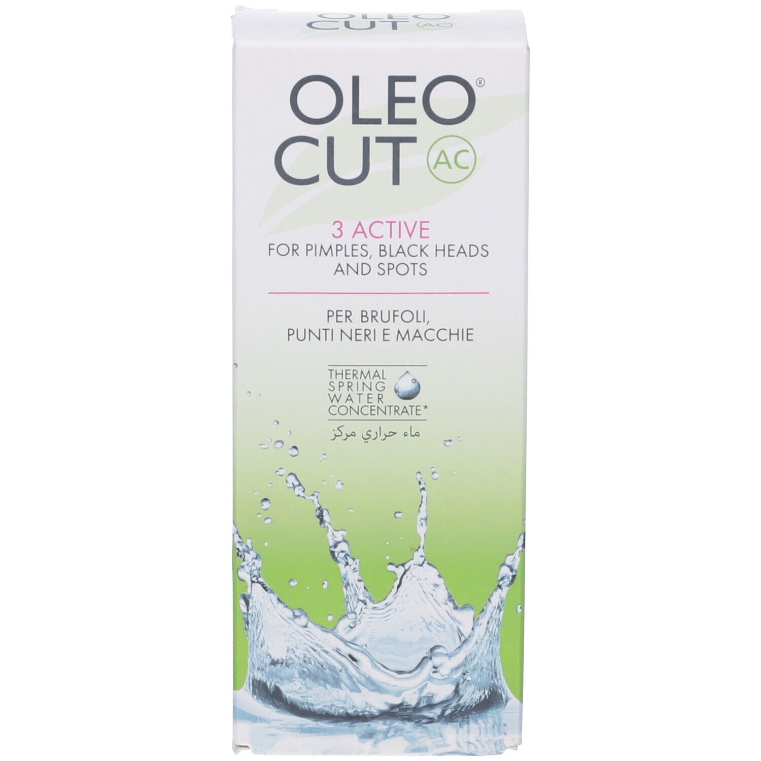 Oleo Cut AC Produktverpackung für Pickel, Mitesser und Flecken. Enthält Thermalquellwasser-Konzentrat.