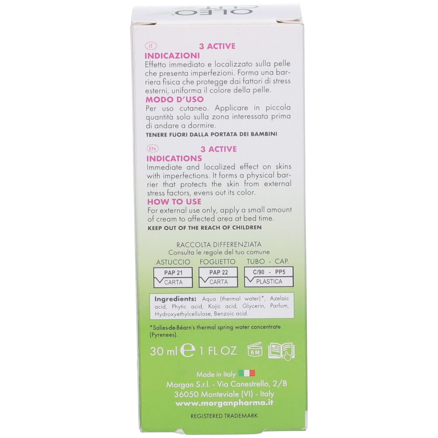 Creme-Verpackung mit Anwendungs- und Inhaltsstoffangaben, 30 ml.