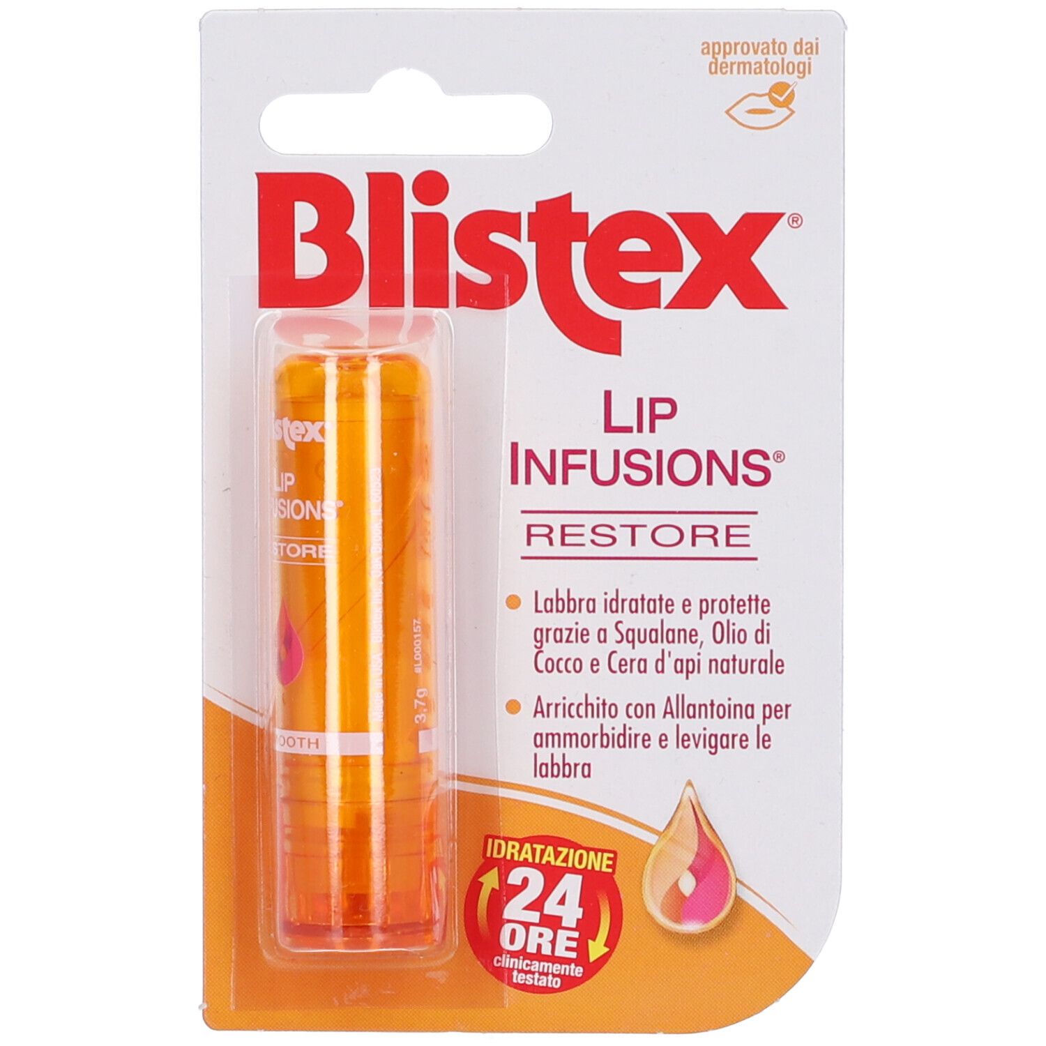 Blistex Lip Infusions Restore. Balsamo per labbra arancione in confezione blister. Scritta visibile: "Lip Infusions Restore".