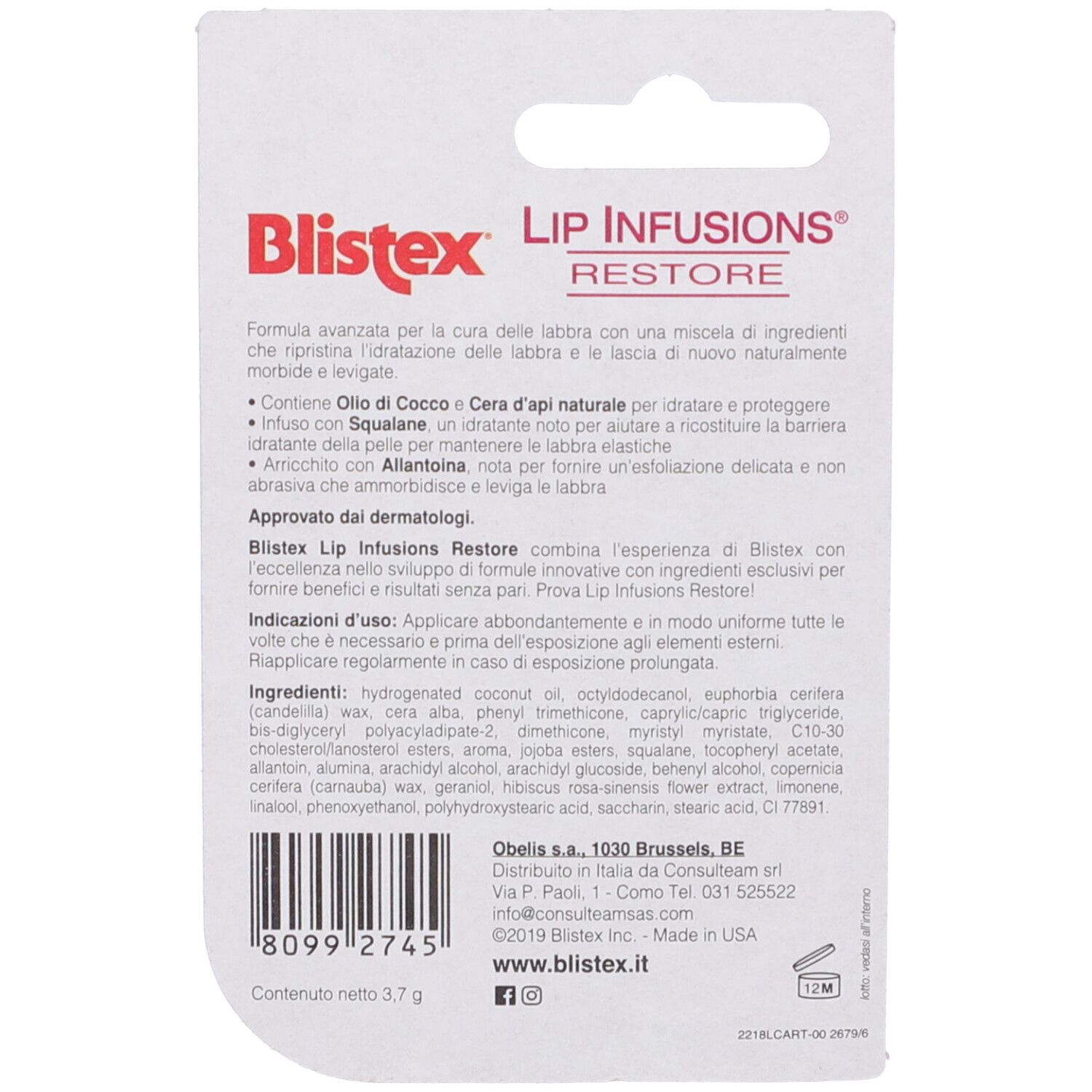 Retro della confezione Blistex Lip Infusions Restore. Contiene testo e ingredienti. Marchio e nome del prodotto visibili.