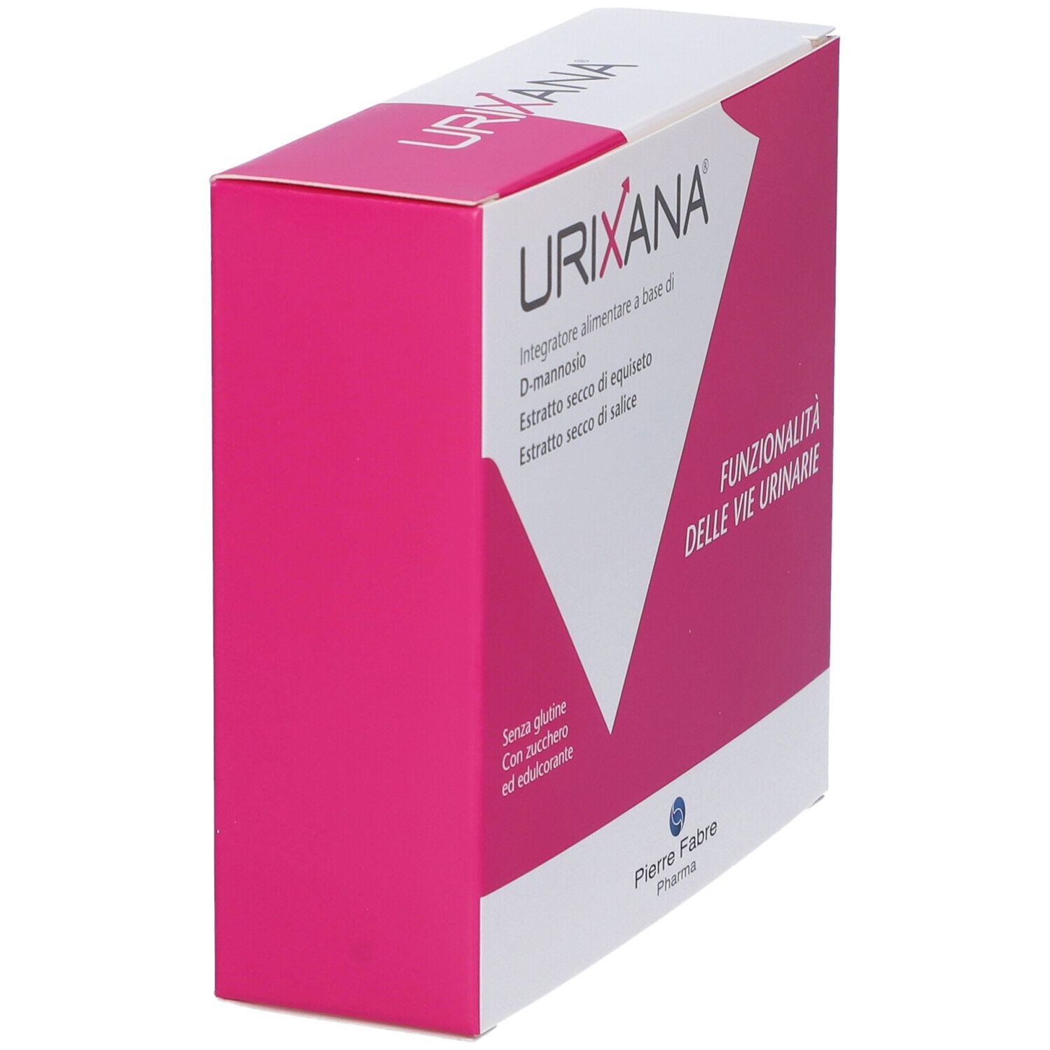 Scatola rosa e bianca, angolata. Nome del prodotto e ingredienti visibili. Marchio: Pierre Fabre Pharma.