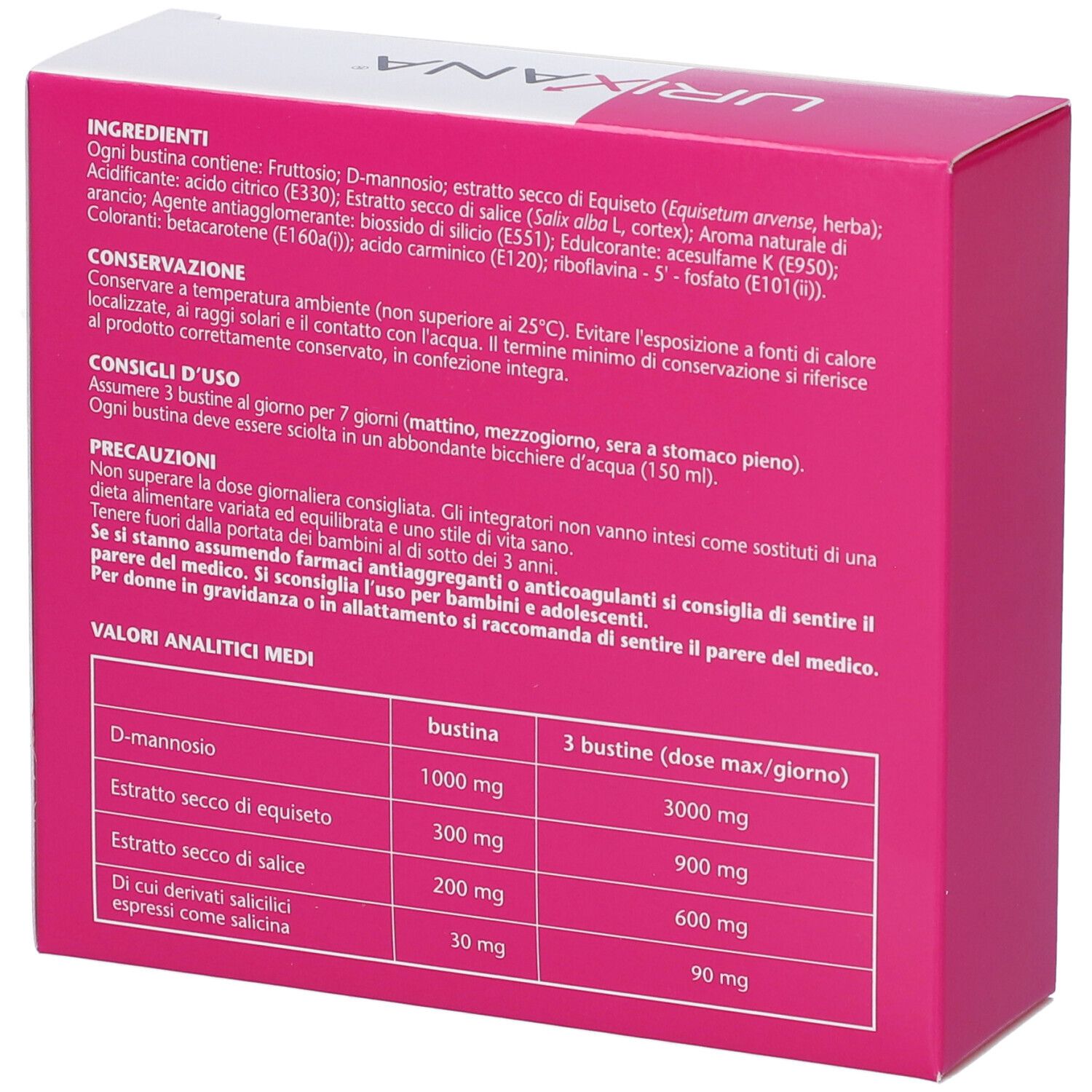 Retro della scatola rosa e bianca. Ingredienti e valori analitici in tabella. Testo in italiano.
