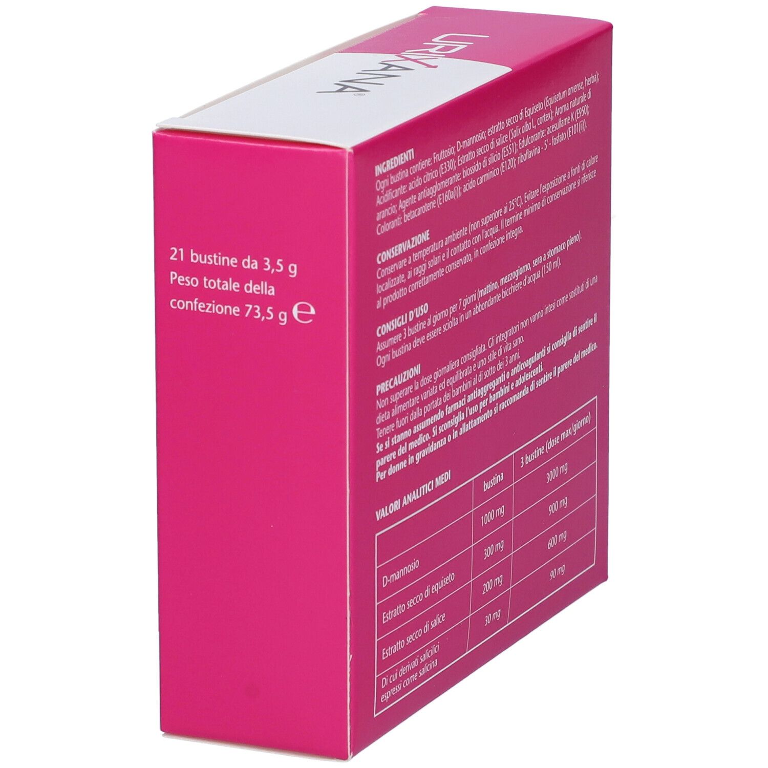 Scatola con ingredienti e valori analitici. 21 bustine da 3,5 g. Peso totale 73,5 g. Testo in italiano.