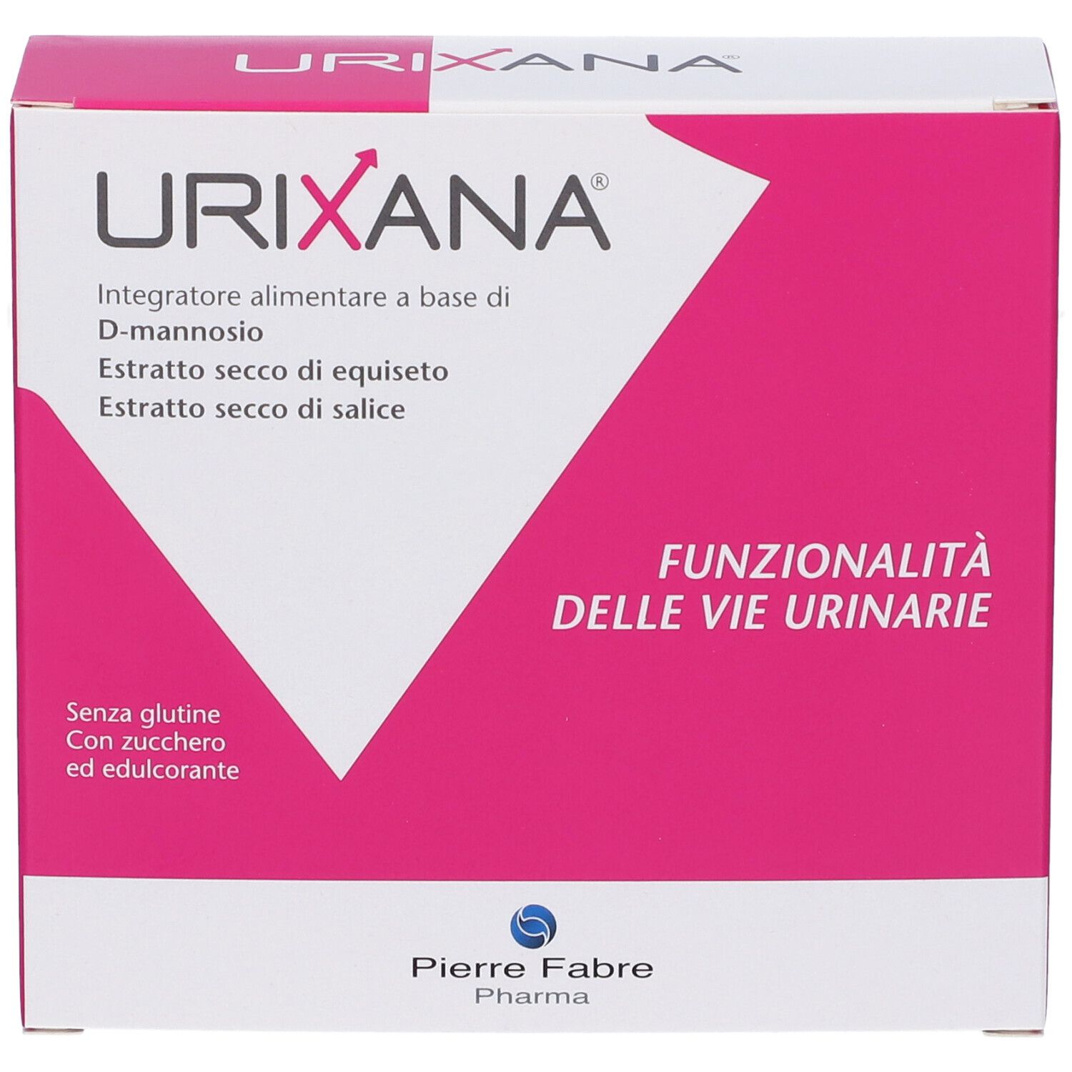 Scatola rosa e bianca con nome del prodotto e ingredienti. Testo: Funzionalità delle vie urinarie. Marchio: Pierre Fabre Pharma.