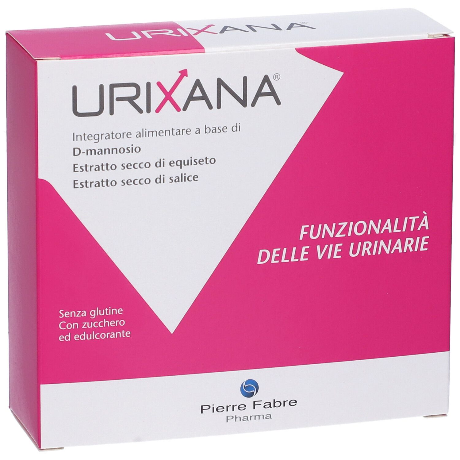 Scatola rosa e bianca con nome del prodotto e ingredienti. Testo: Funzionalità delle vie urinarie. Marchio: Pierre Fabre Pharma.