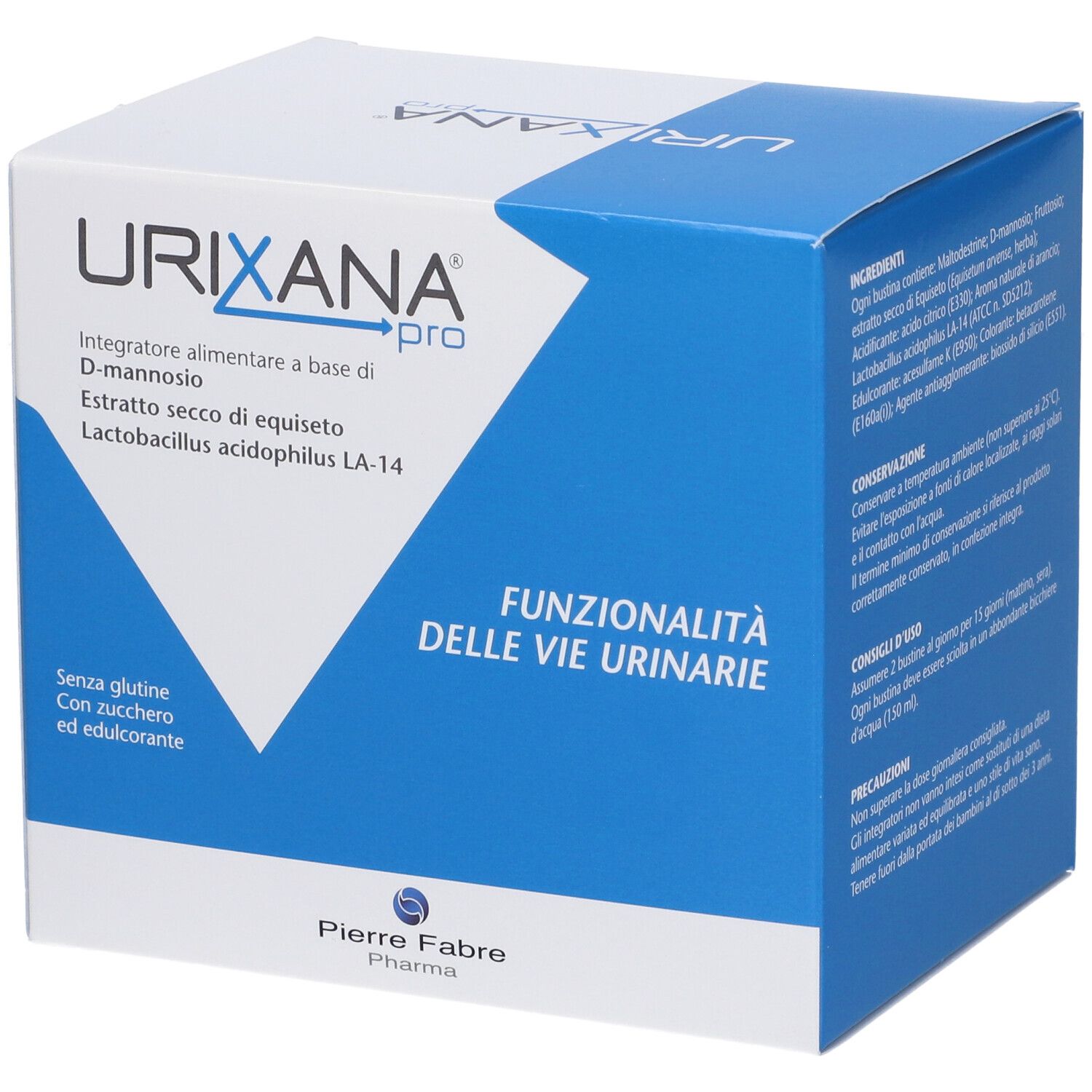Confezione del prodotto Urixana Pro. Contiene informazioni sugli ingredienti e l'uso. Pierre Fabre Pharma.