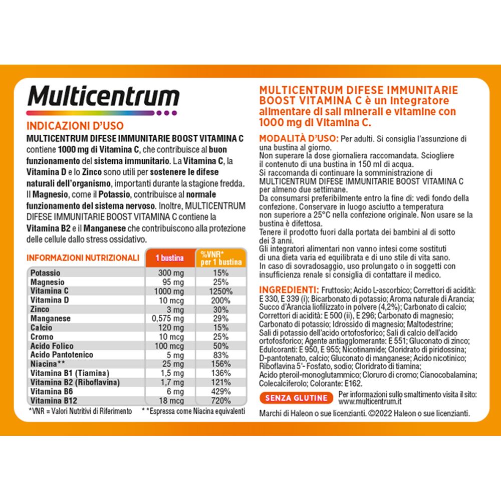 Rückseite der Multicentrum Immunoboost Vitamin C Packung mit Nährwertangaben und Inhaltsstoffen.