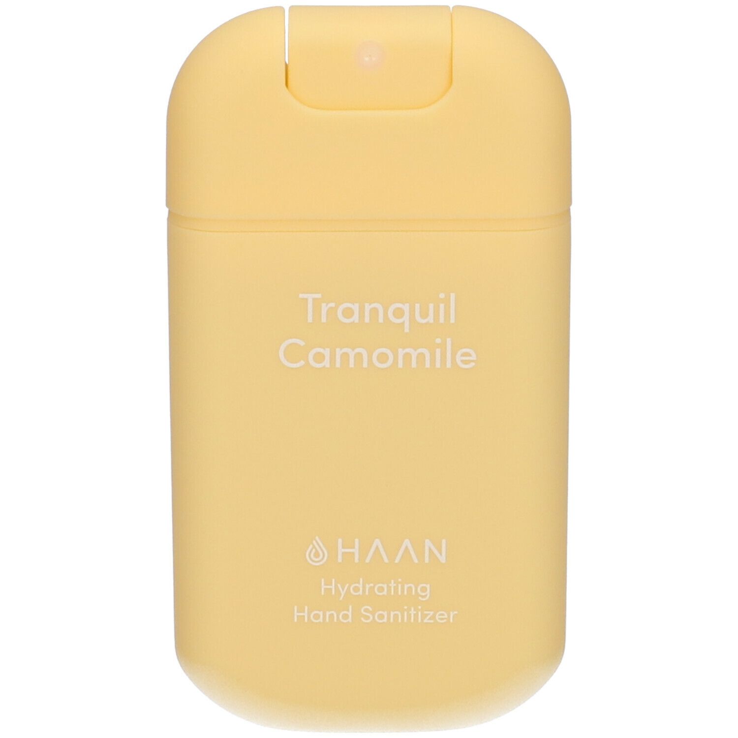 Disinfettante per mani giallo con 'Tranquil Camomile' e 'HAAN'.