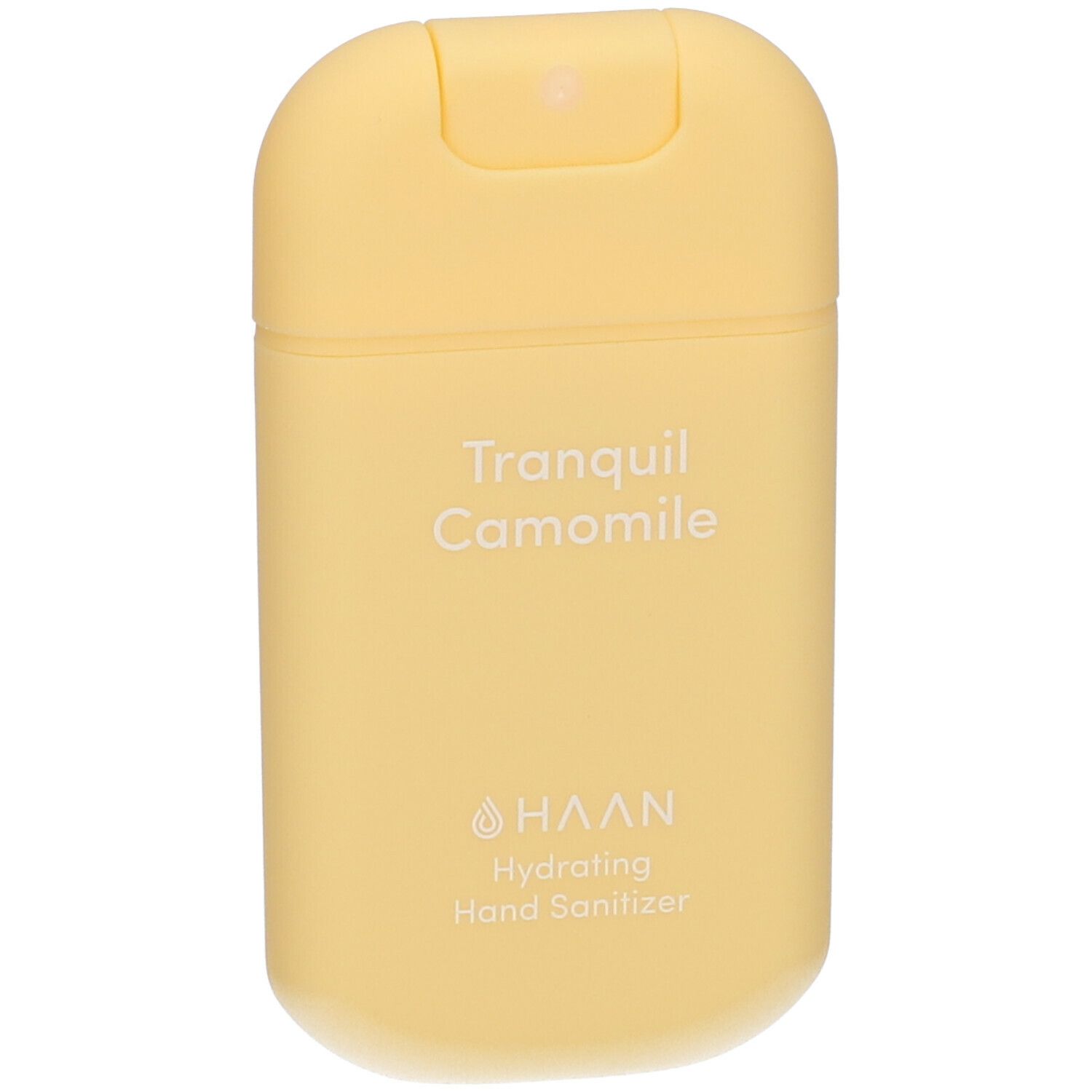 Disinfettante per mani giallo con 'Tranquil Camomile' e 'HAAN'.