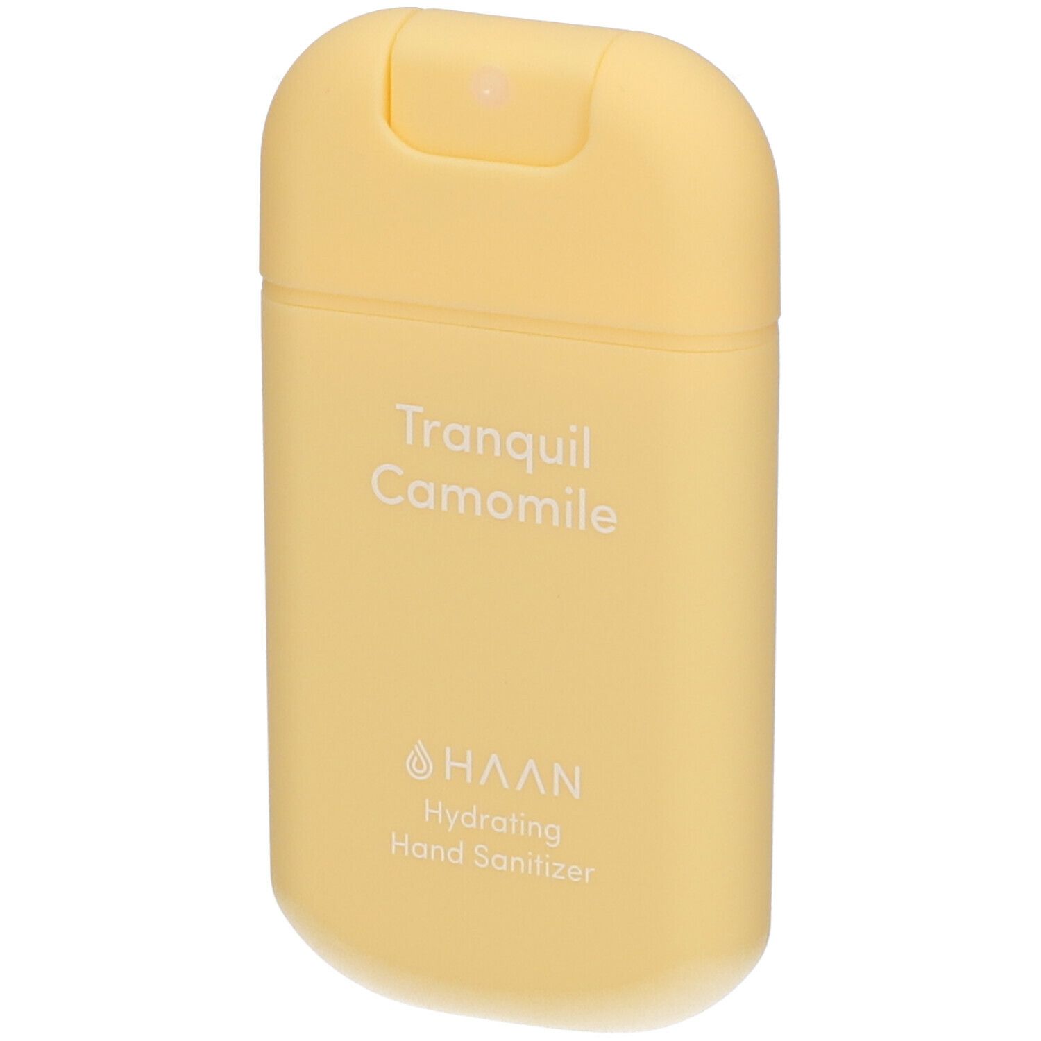 Disinfettante per mani giallo con 'Tranquil Camomile' e 'HAAN'.