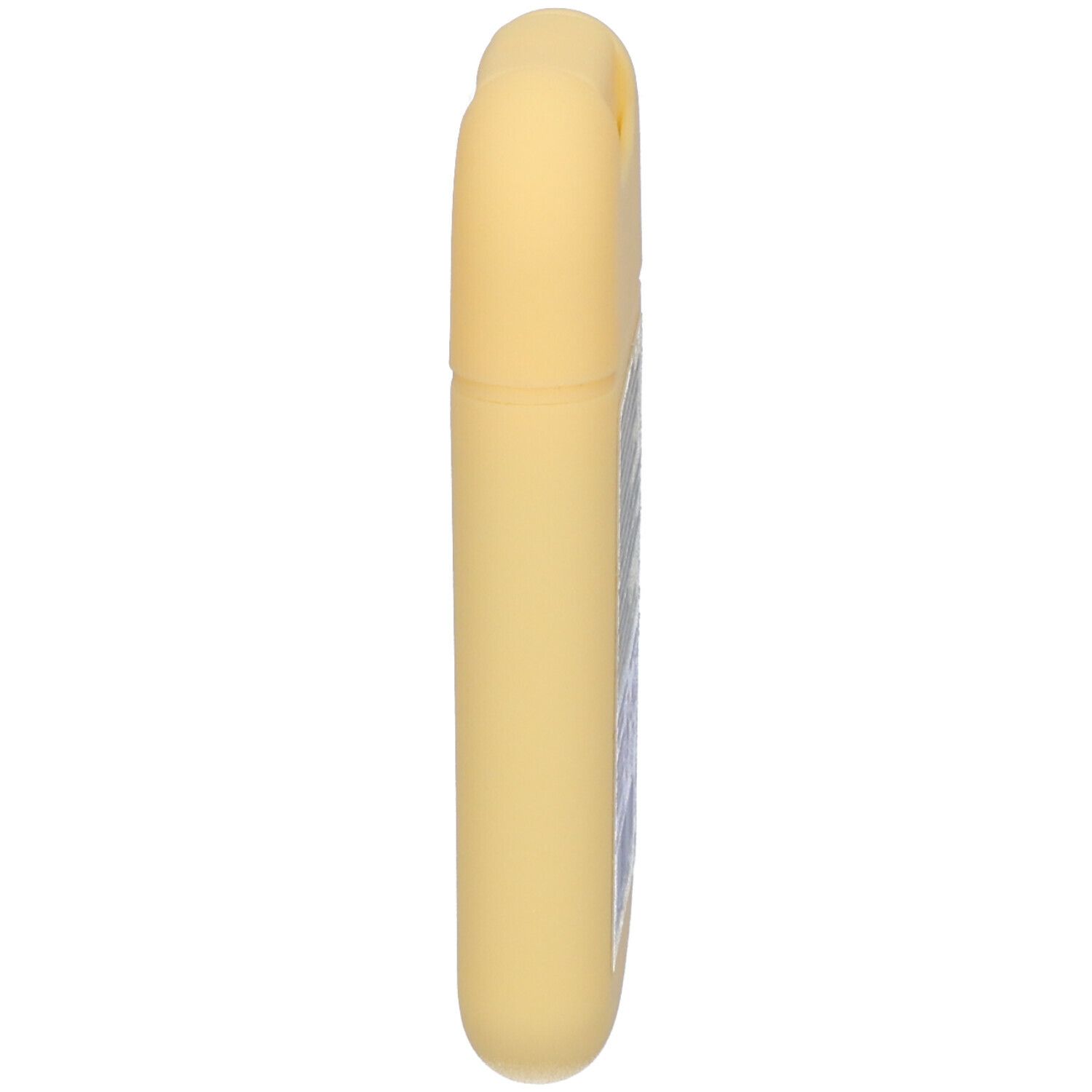 Disinfettante per mani giallo, allungato. Vista laterale.