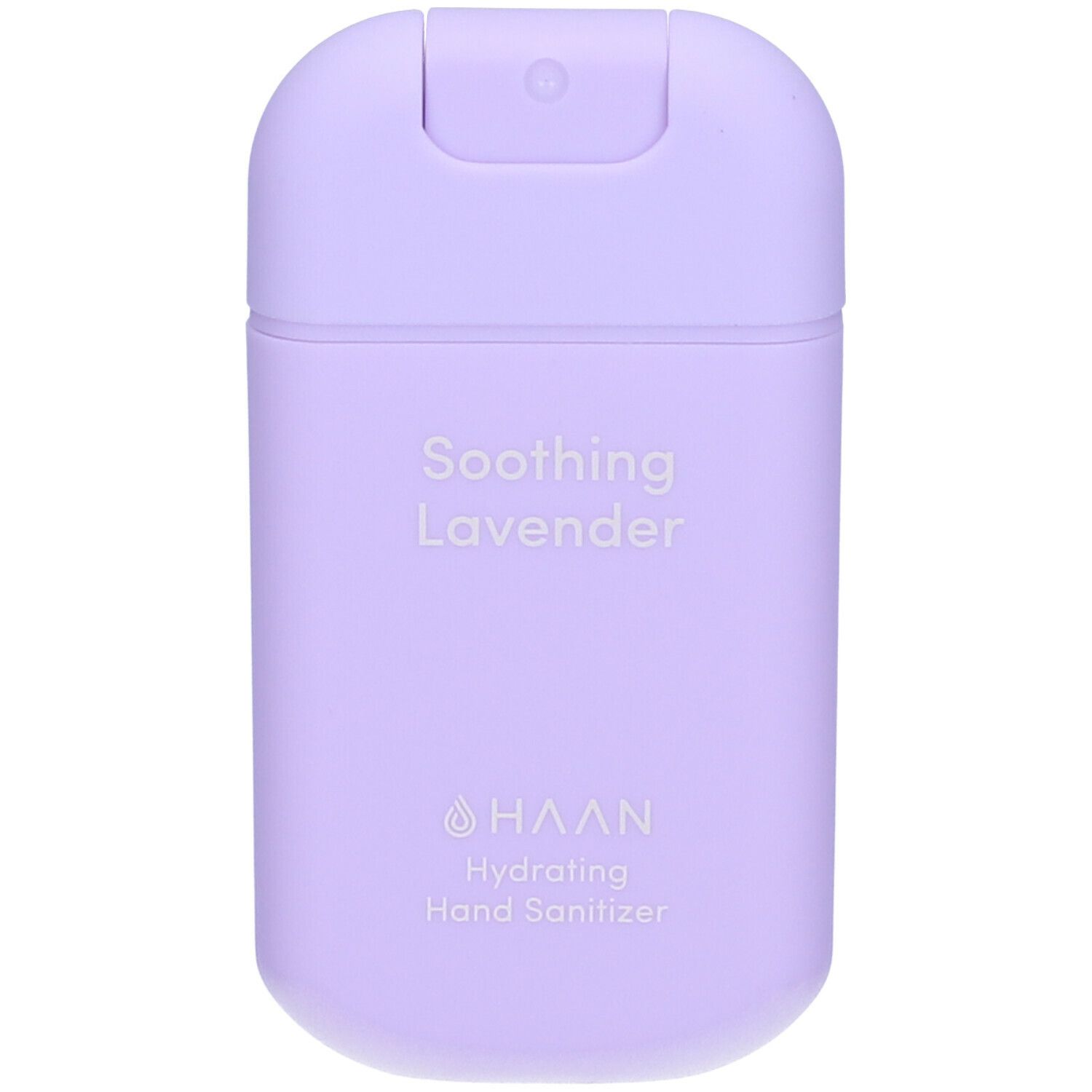 Contenitore lilla per igienizzante mani. Scritta: Soothing Lavender, HAAN, Hydrating Hand Sanitizer.