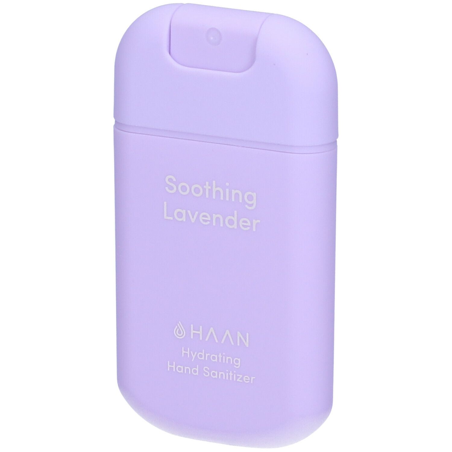Contenitore lilla per igienizzante mani. Scritta: Soothing Lavender, HAAN, Hydrating Hand Sanitizer.