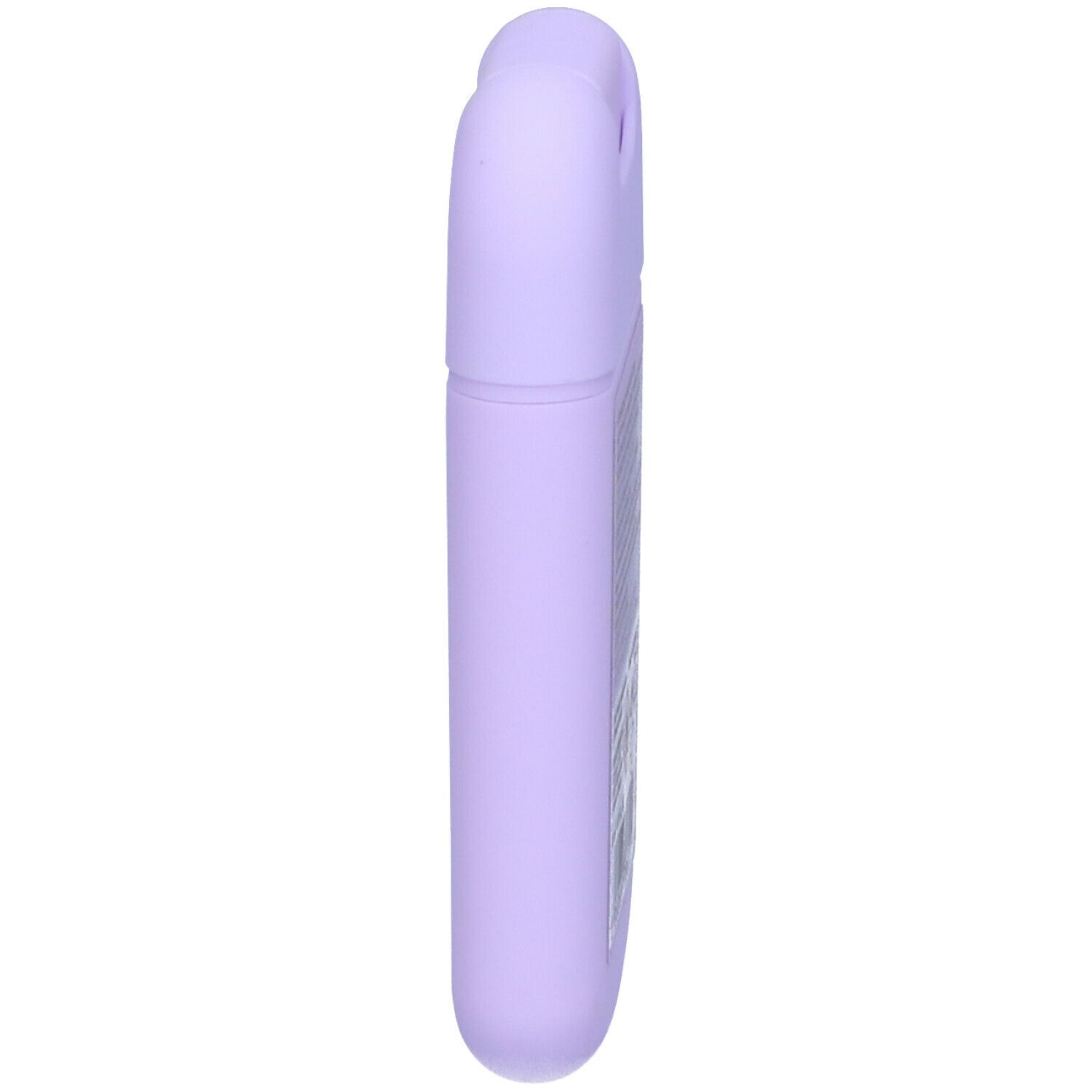 Contenitore lilla per igienizzante mani, forma allungata. Lato con testo.