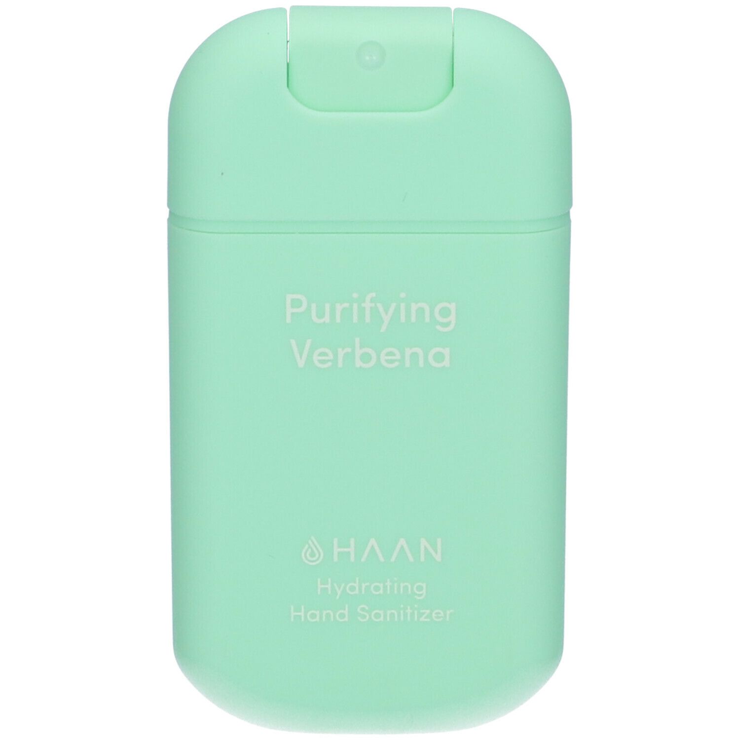 Contenitore verde chiaro di igienizzante mani. Scritta: Purifying Verbena, HAAN, Hydrating Hand Sanitizer.