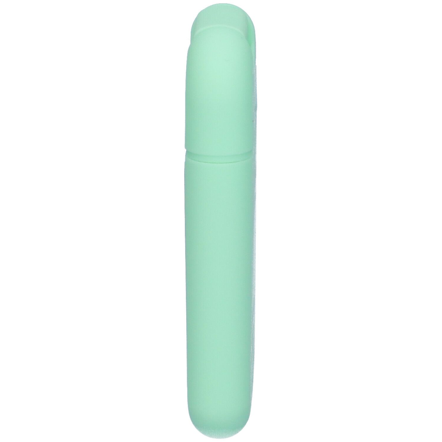 Contenitore di igienizzante mani allungato, verde chiaro. Coperchio chiuso, forma arrotondata.
