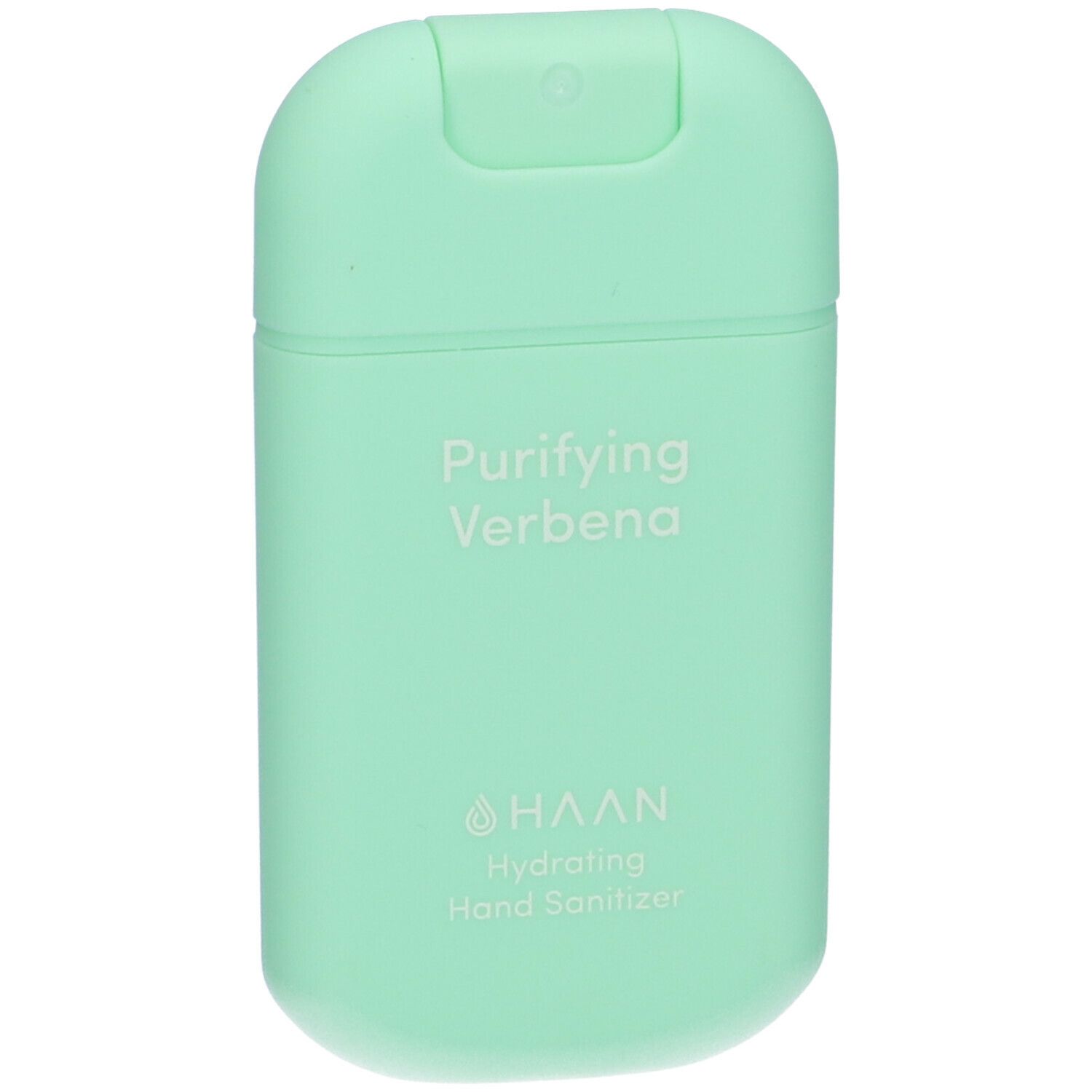 Contenitore verde chiaro di igienizzante mani. Scritta: Purifying Verbena, HAAN, Hydrating Hand Sanitizer.