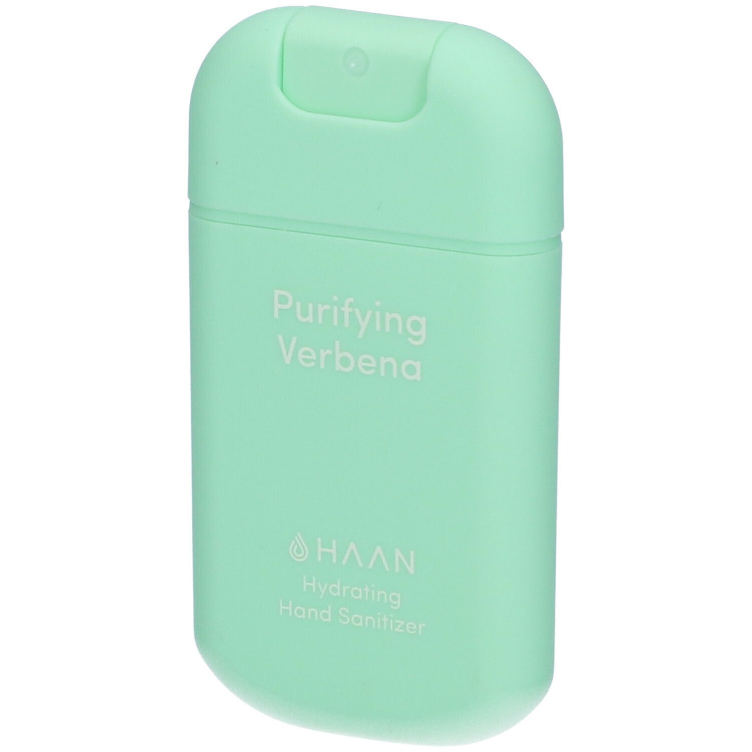 Contenitore verde chiaro di igienizzante mani. Scritta: Purifying Verbena, HAAN, Hydrating Hand Sanitizer.