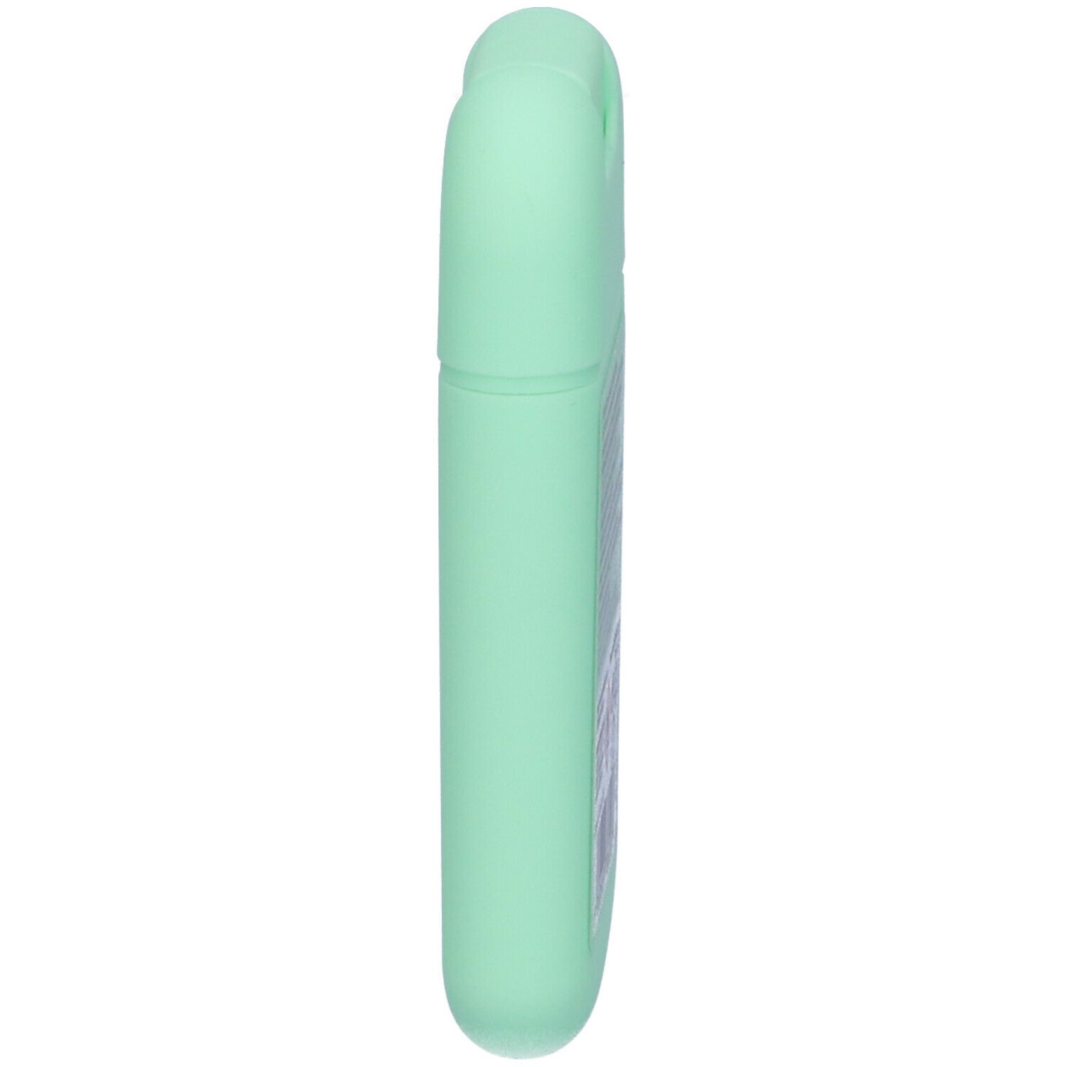 Contenitore di igienizzante mani allungato, verde chiaro. Coperchio chiuso, forma arrotondata.