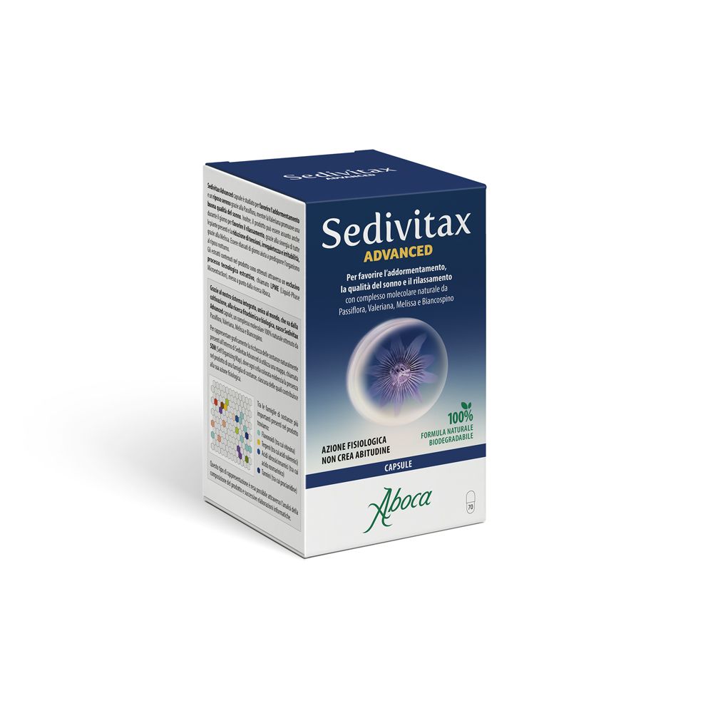 Scatola di Sedivitax Advanced. Confezione blu e bianca con nome del prodotto e logo Aboca. Contiene capsule.