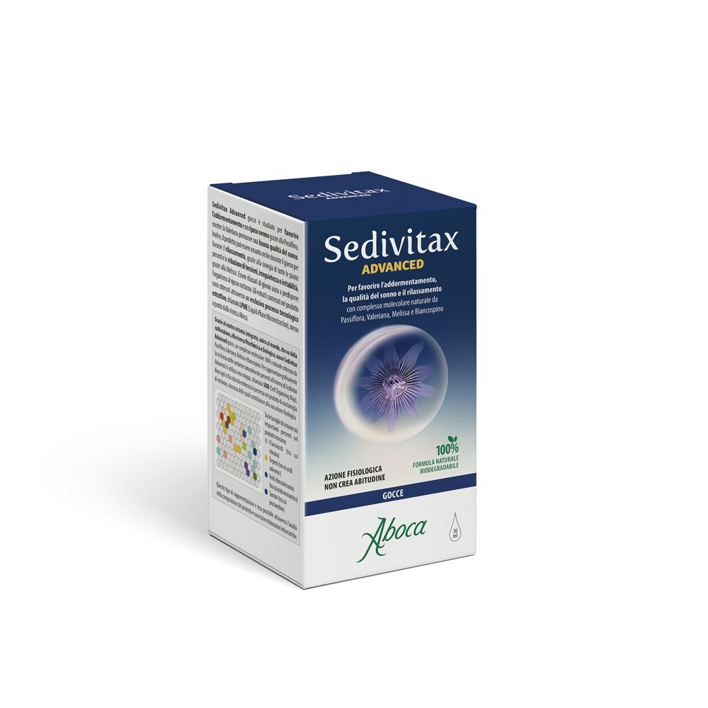 Scatola Sedivitax Advanced Gocce. Confezione blu con nome e logo del prodotto. Logo Aboca in basso.