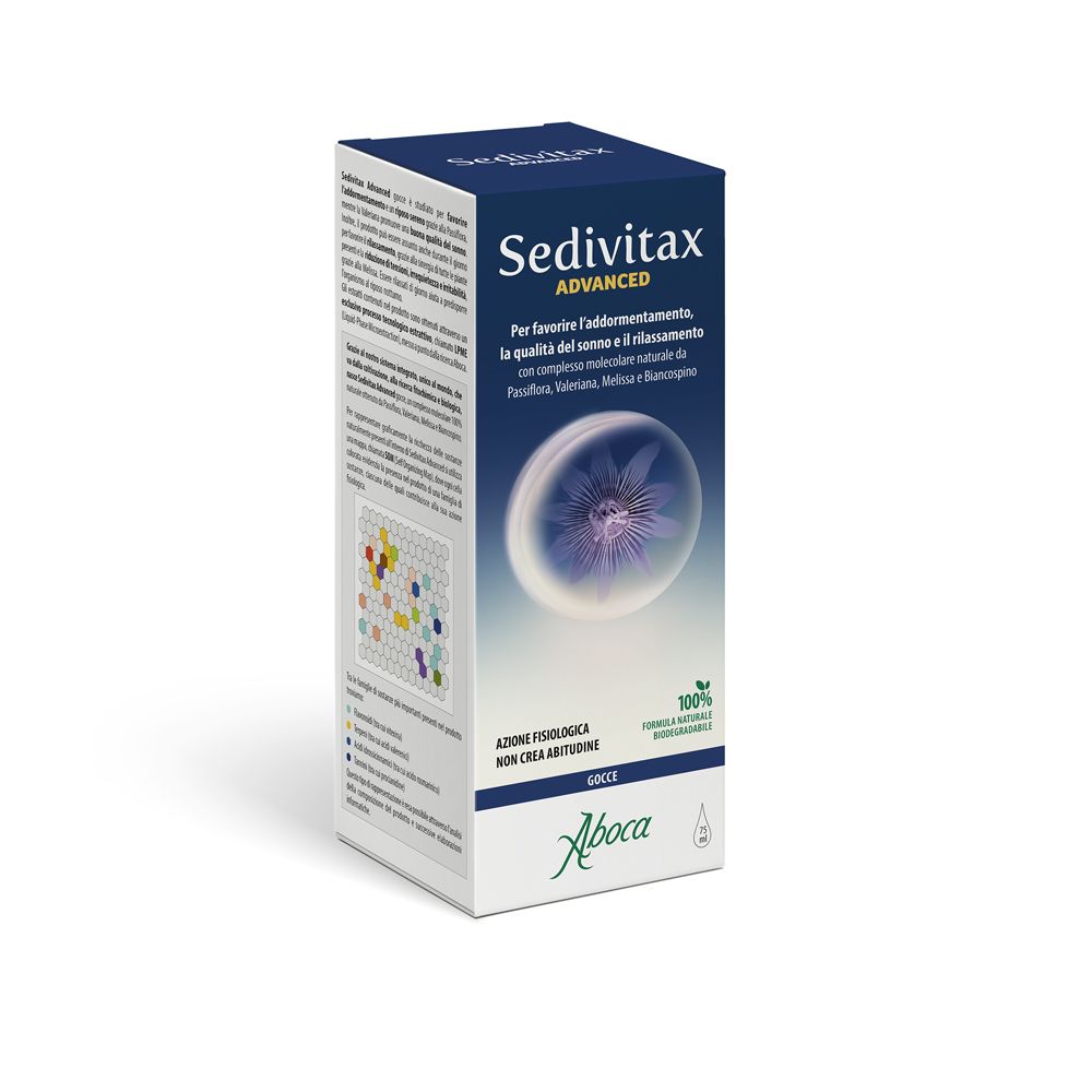 Scatola di Sedivitax Advanced Gocce. Confezione blu con informazioni e logo Aboca.