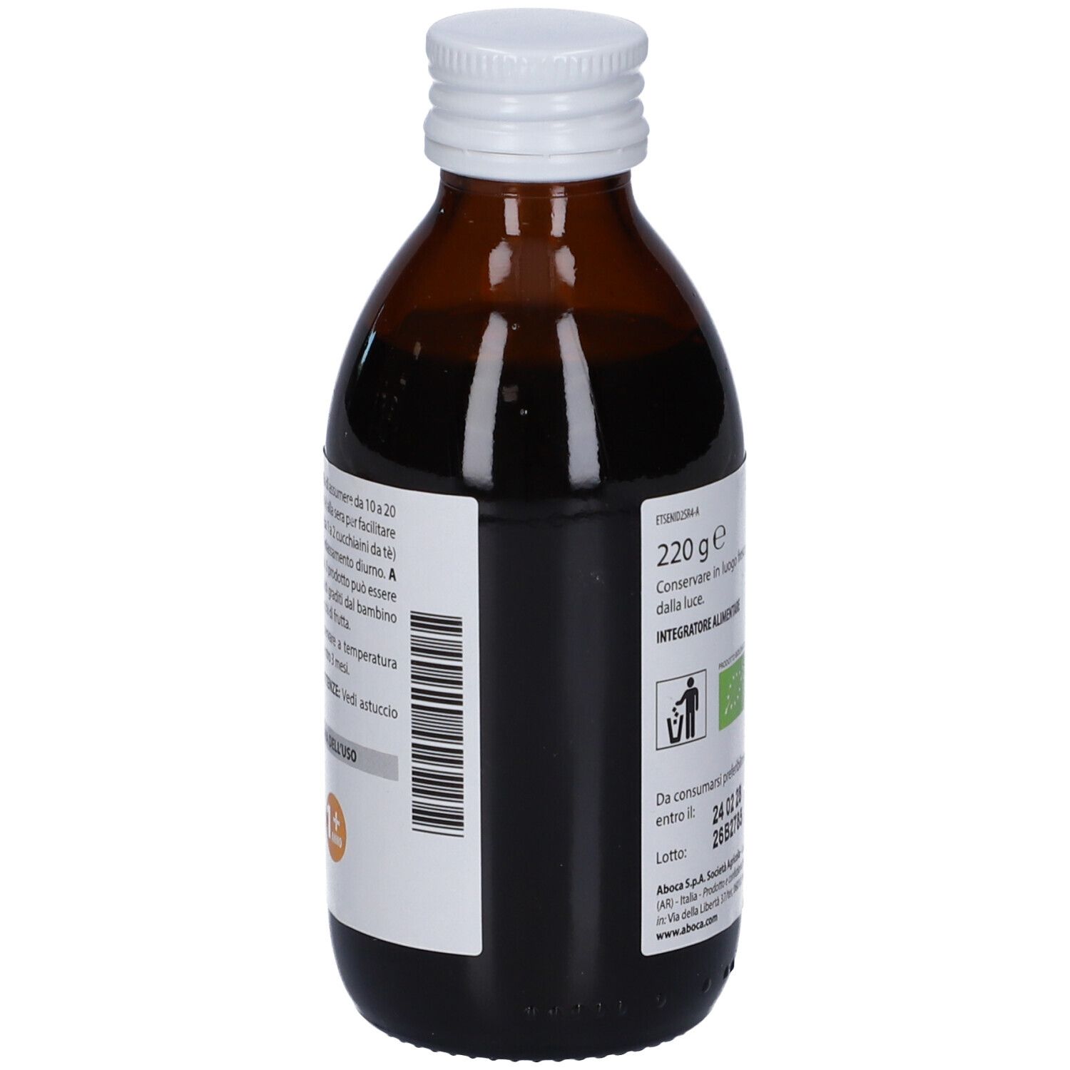 Seitenansicht einer braunen Glasflasche mit Etikett, Barcode und Bio-Siegel.