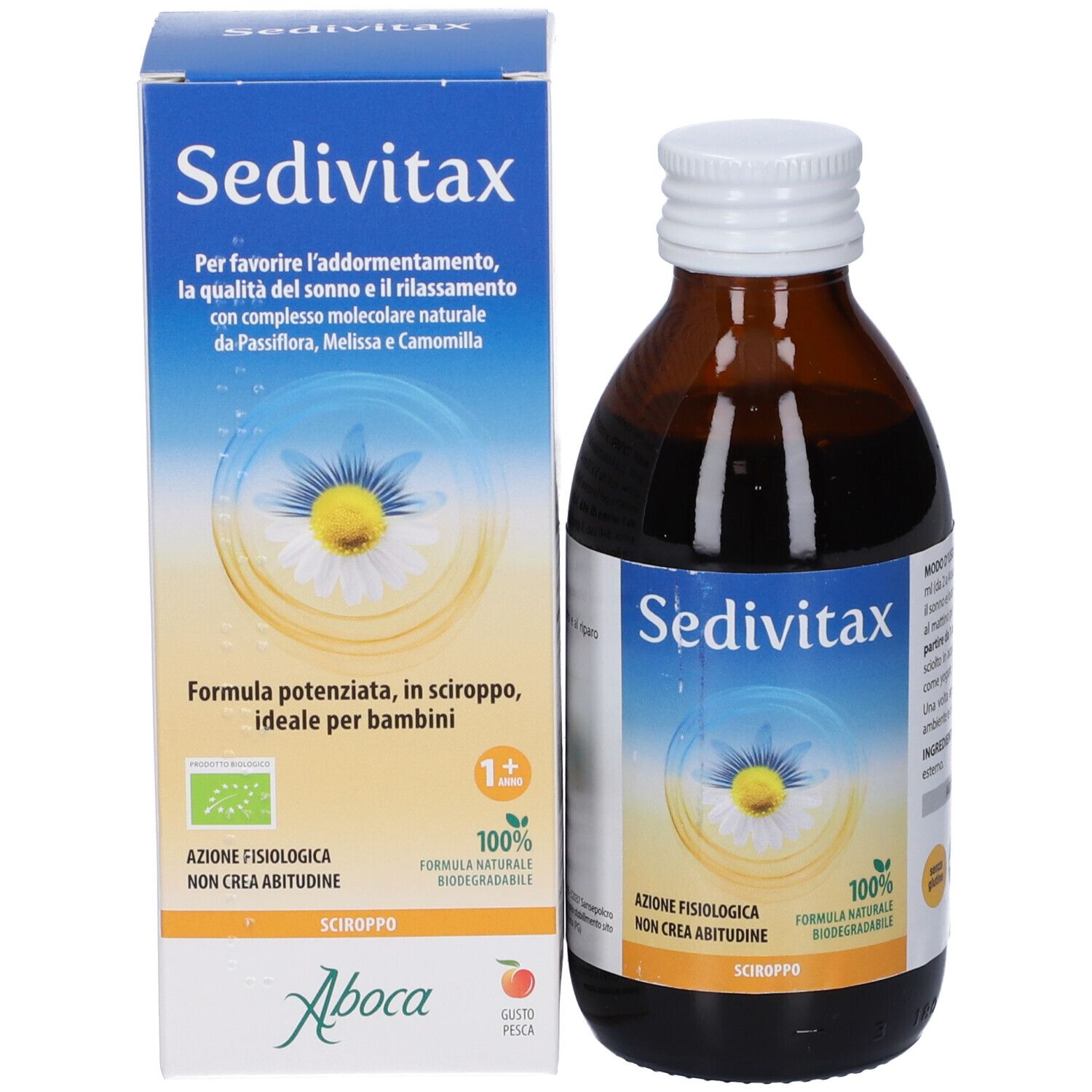 Aboca Sedivitax-Flasche und Verpackungsbox mit Kamillenmotiv und Produktinformationen.