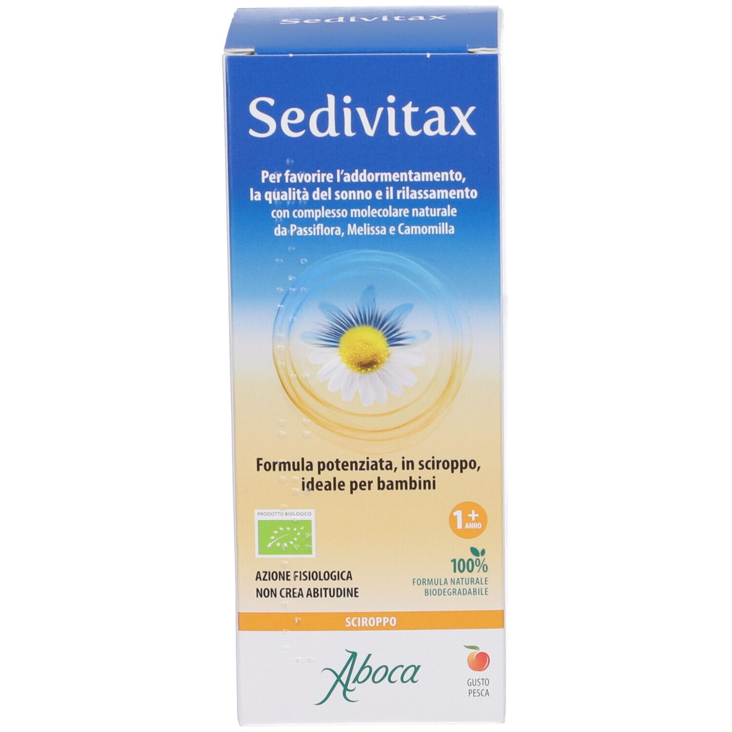Verpackungsbox Aboca Sedivitax mit Kamillenmotiv, Produktinformationen und Altersempfehlung '1+'