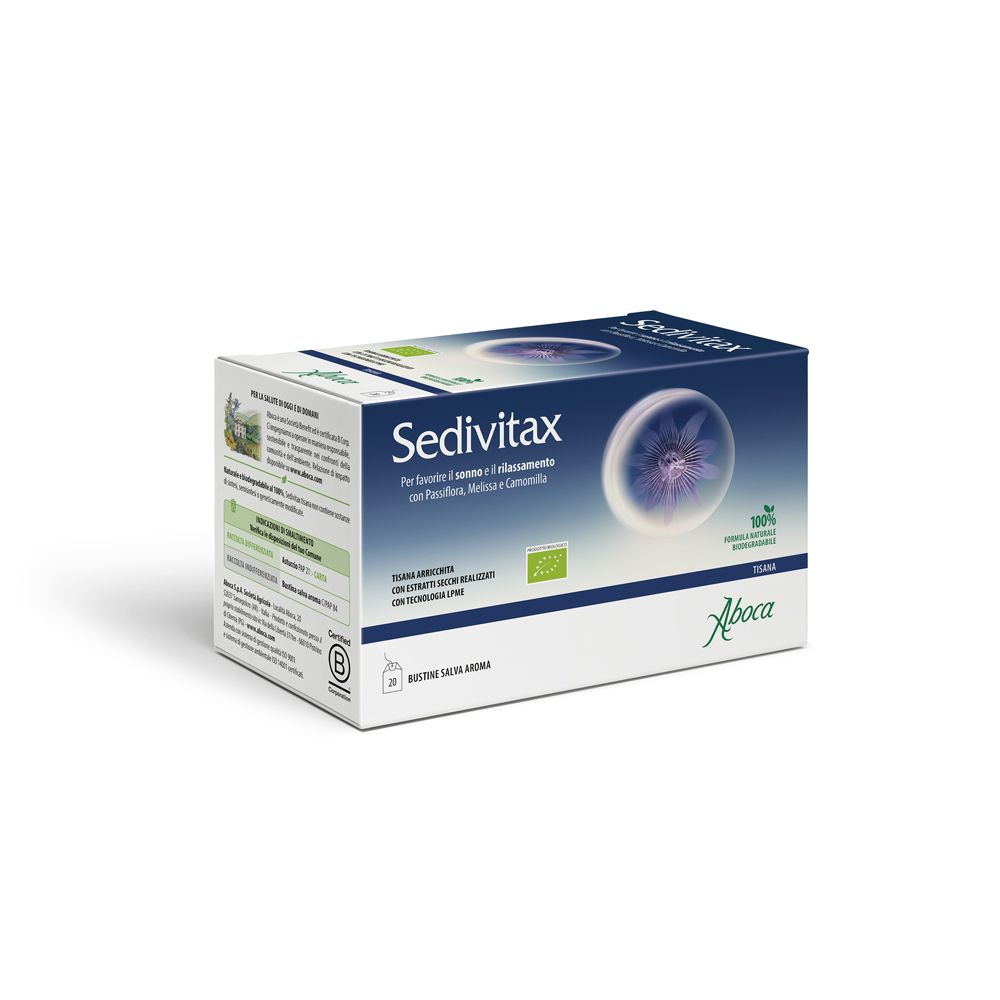 Scatola Sedivitax con logo e testo. Certificazione bio. Logo Aboca. 20 bustine.