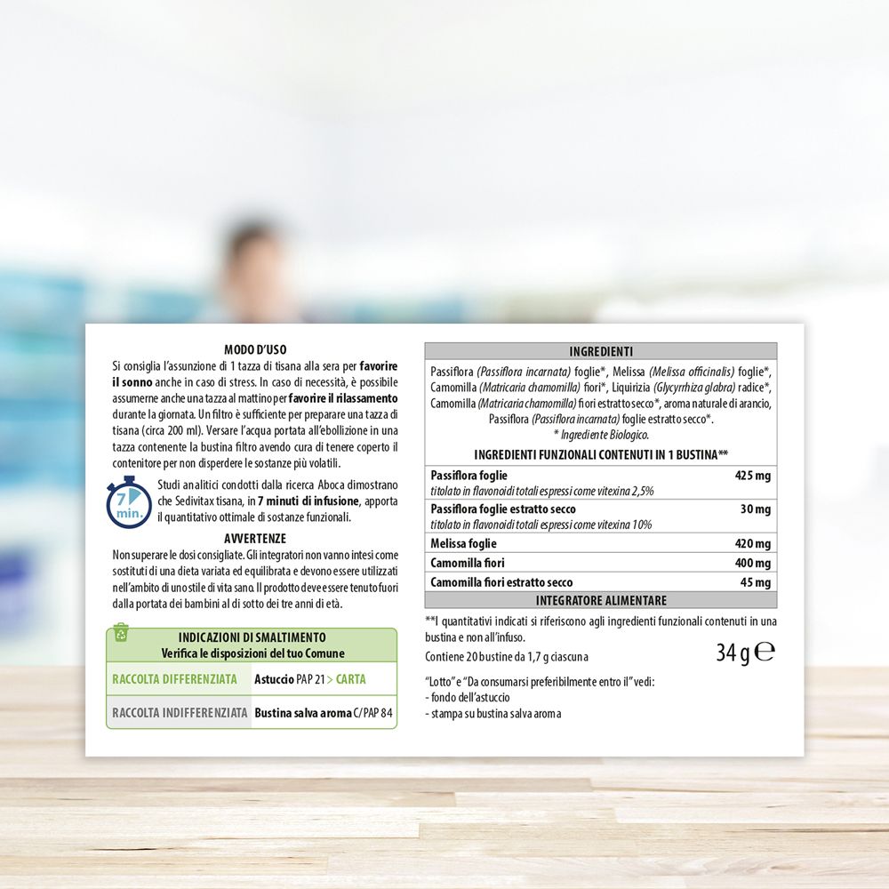 Rückseite der Sedivitax Tisana-Verpackung. Zutatenliste. Gebrauchsanweisung. Informationen zur Entsorgung. 34g.