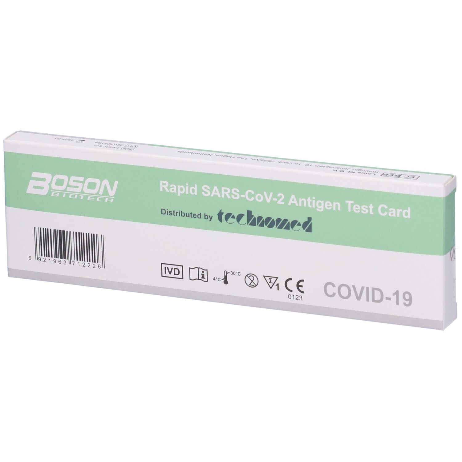 Scatola del test antigenico rapido BOSON SARS-CoV-2. Confezione verde e bianca con codice a barre e marchio CE.