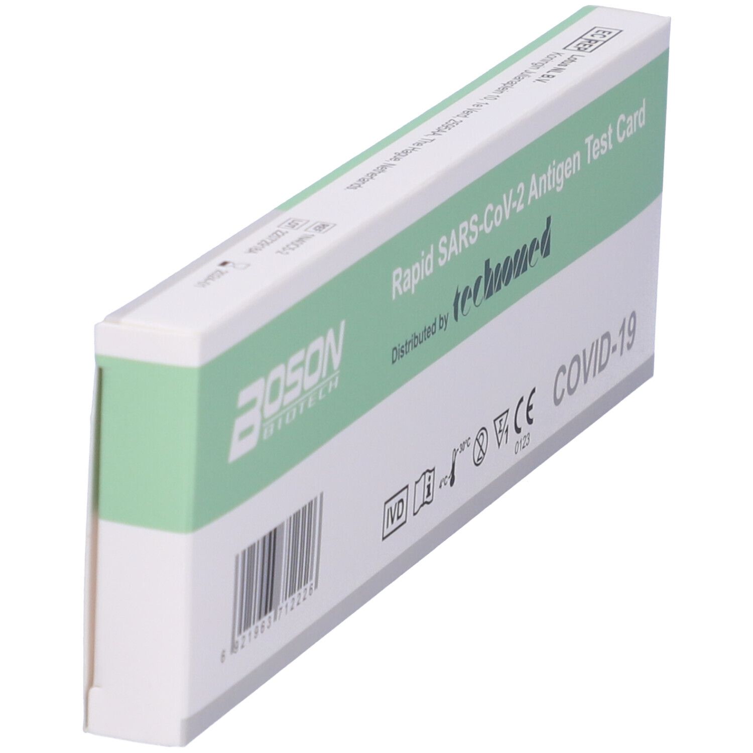 Scatola del test antigenico rapido BOSON SARS-CoV-2. Confezione verde e bianca con codice a barre e marchio CE.