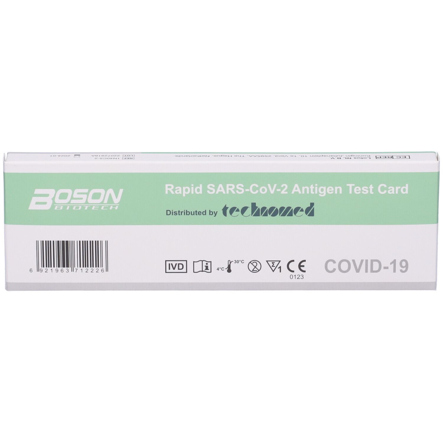 Confezione del test antigenico rapido BOSON SARS-CoV-2. Scatola verde e bianca con testo e marchio CE.