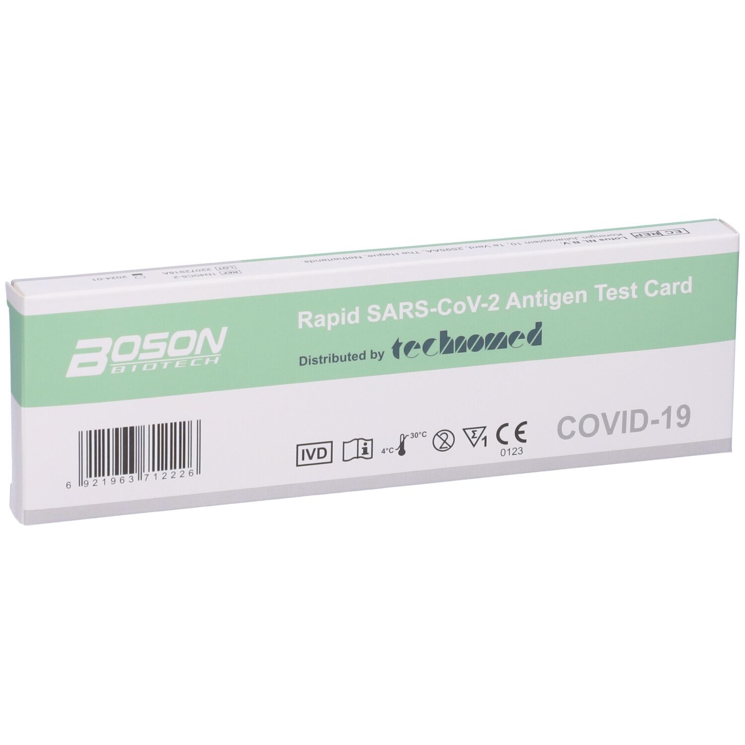 Confezione del test antigenico rapido BOSON SARS-CoV-2. Scatola verde e bianca con testo e marchio CE.