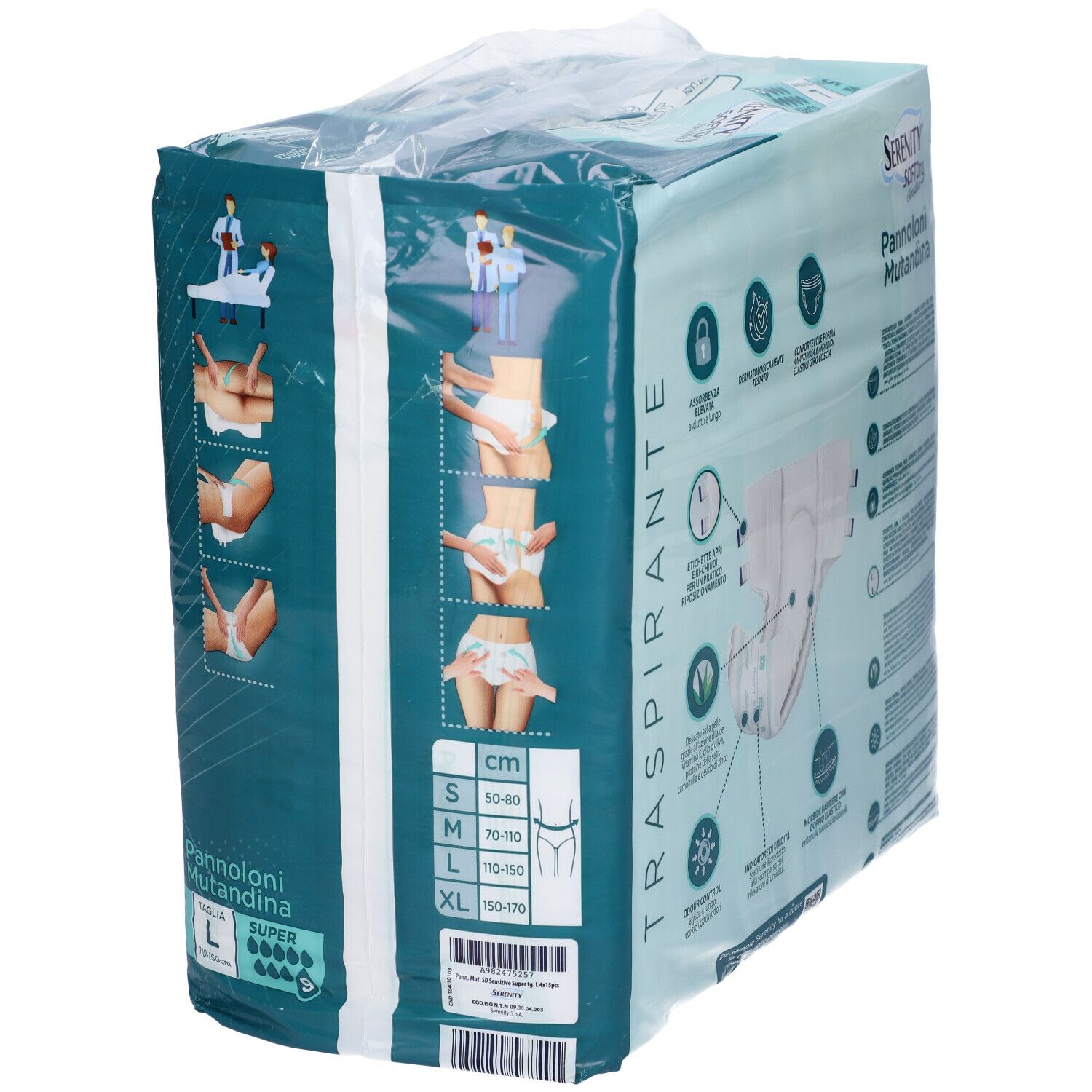 Verpackung Serenity Softdry Sensitive Pannoloni Mutandina Super Taglia L. Größenübersicht S-XL. Illustrationen zur Anwendung.