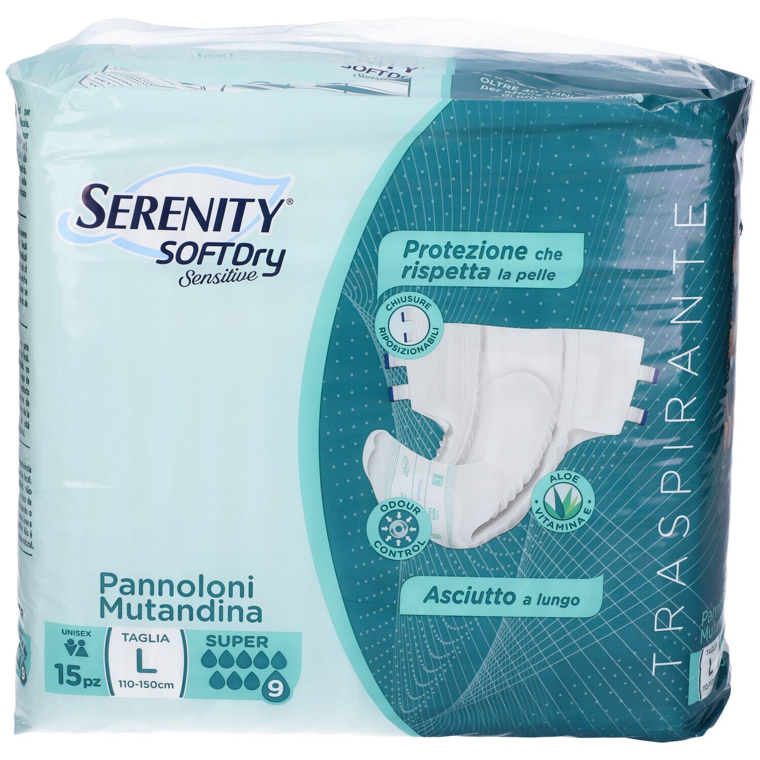 Verpackung Serenity Softdry Sensitive Pannoloni Mutandina Super Taglia L. 15 Stück. Größe L, 110-150cm. Mit Aloe Vera und Geruchskontrolle.