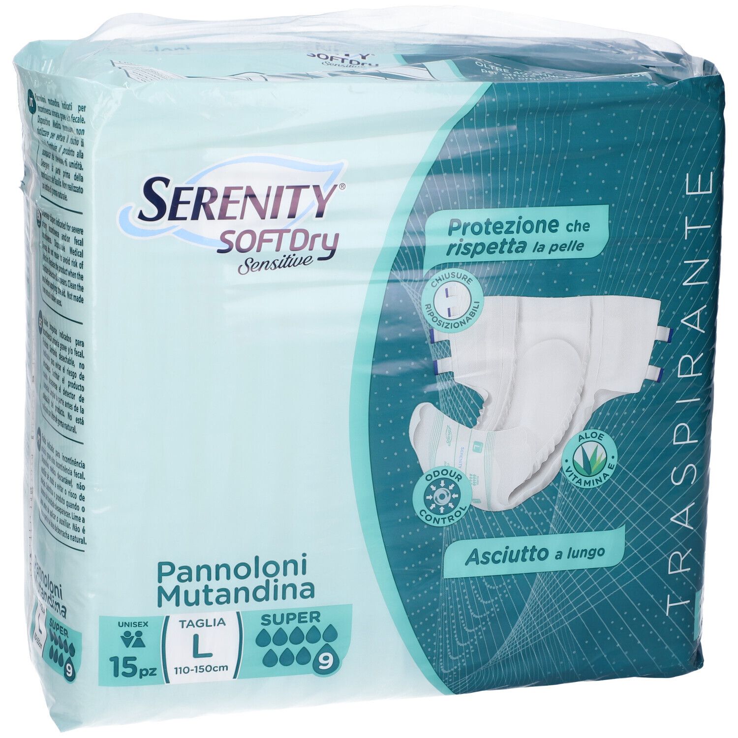 Verpackung Serenity Softdry Sensitive Pannoloni Mutandina Super Taglia L. 15 Stück. Größe L, 110-150cm. Mit Aloe Vera und Geruchskontrolle.