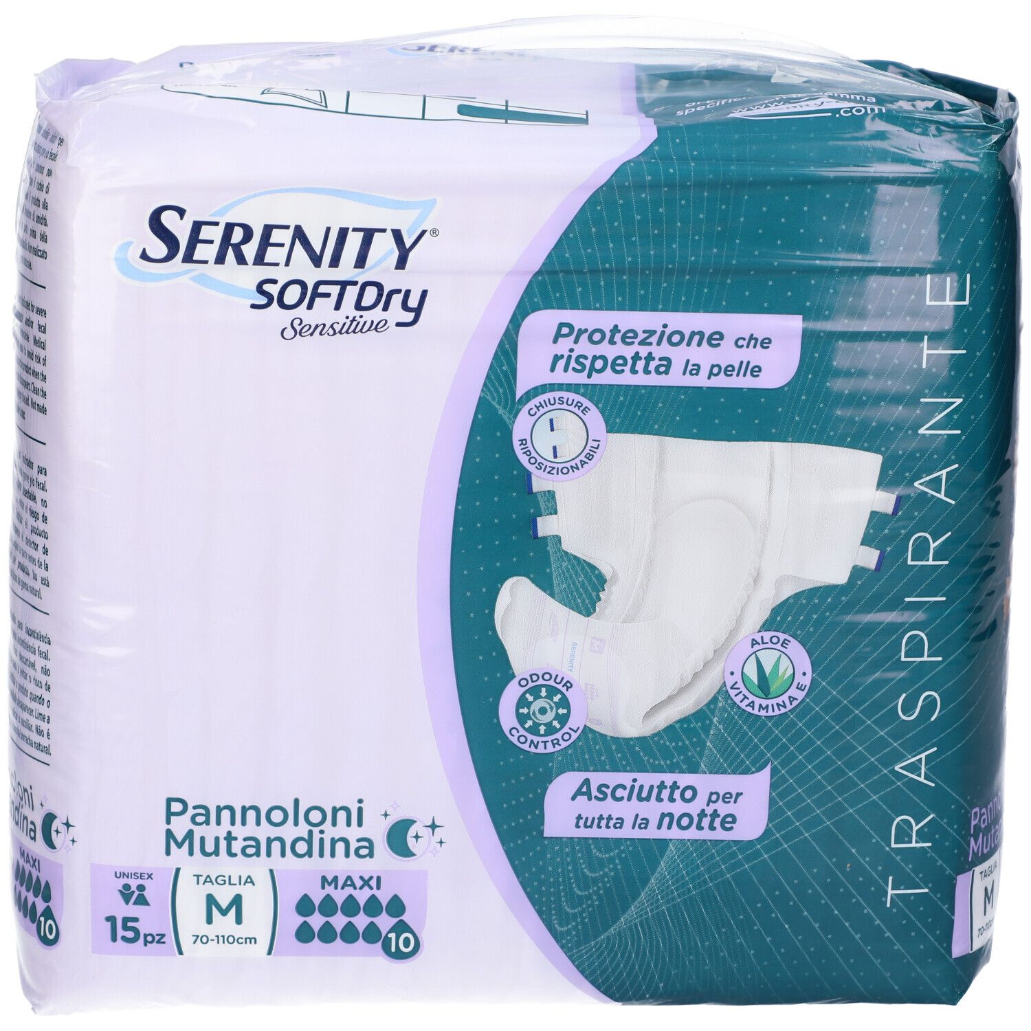 Verpackung von Serenity SoftDry Sensitive Maxi M. Enthält 15 Stück. Produktabbildung mit Saugfähigkeitssymbolen und Produktmerkmalen.