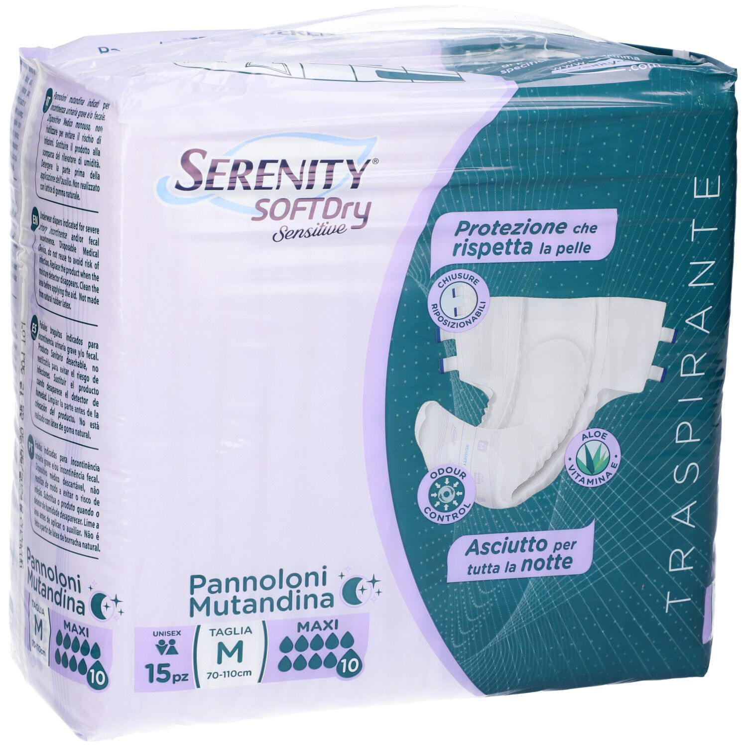 Verpackung von Serenity SoftDry Sensitive Maxi M. Enthält 15 Stück. Produktabbildung mit Saugfähigkeitssymbolen und Produktmerkmalen.