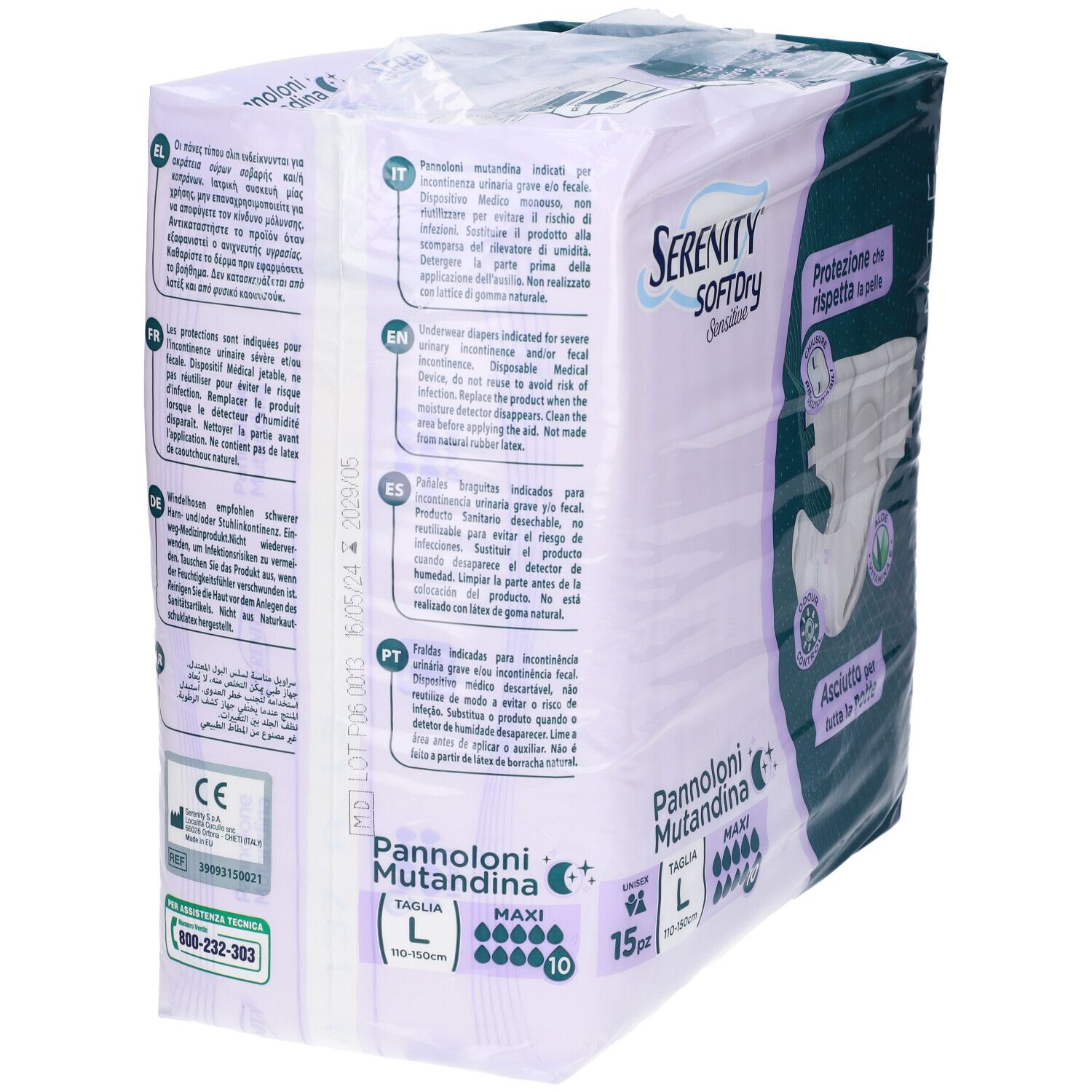 Verpackung von Serenity SoftDry Sensitive Maxi L Windelhosen. Rückseite mit Produktinformationen in verschiedenen Sprachen und CE-Kennzeichnung.