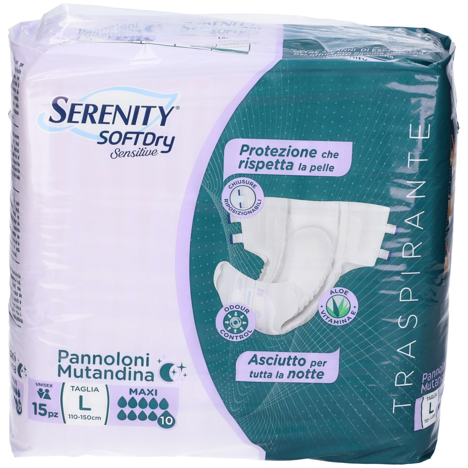 Verpackung von Serenity SoftDry Sensitive Maxi L Windelhosen. Enthält 15 Stück. Sichtbare Merkmale: Größe L, 10 Tropfen, Aloe Vera.