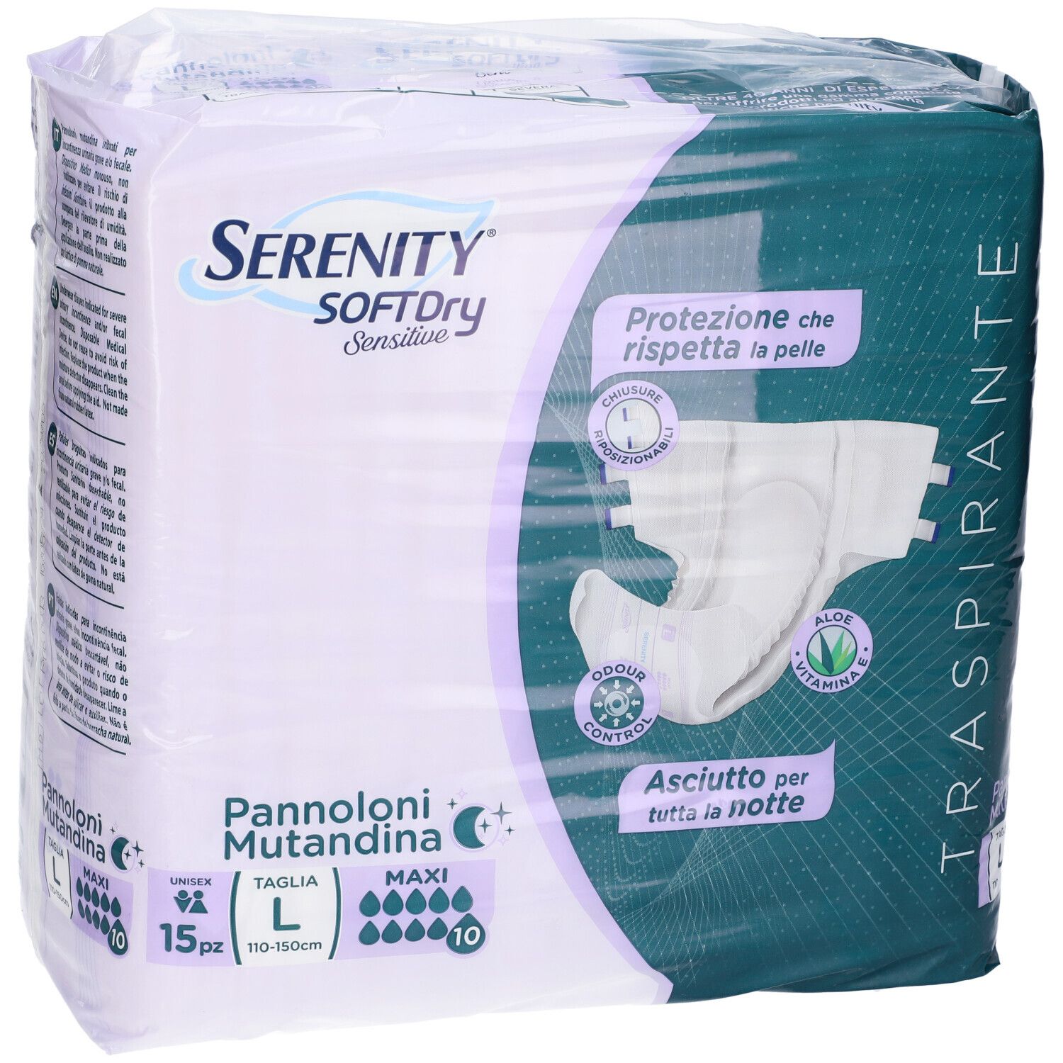 Verpackung von Serenity SoftDry Sensitive Maxi L Windelhosen. Enthält 15 Stück. Sichtbare Merkmale: Größe L, 10 Tropfen, Aloe Vera.