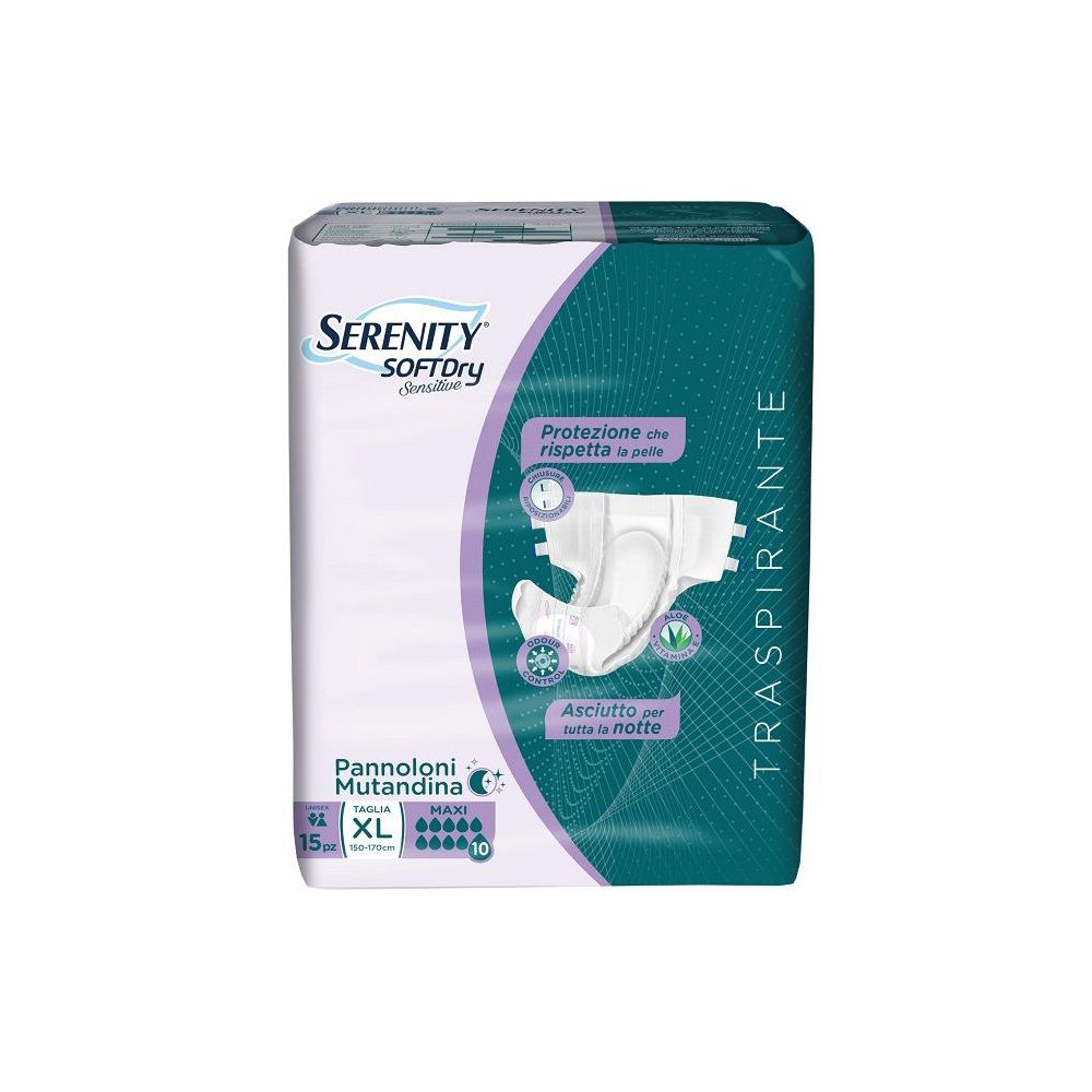 Confezione Serenity SoftDry Pannoloni Mutandina, XL, 15 pezzi. Scritte: Maxi, traspirante, protezione della pelle.